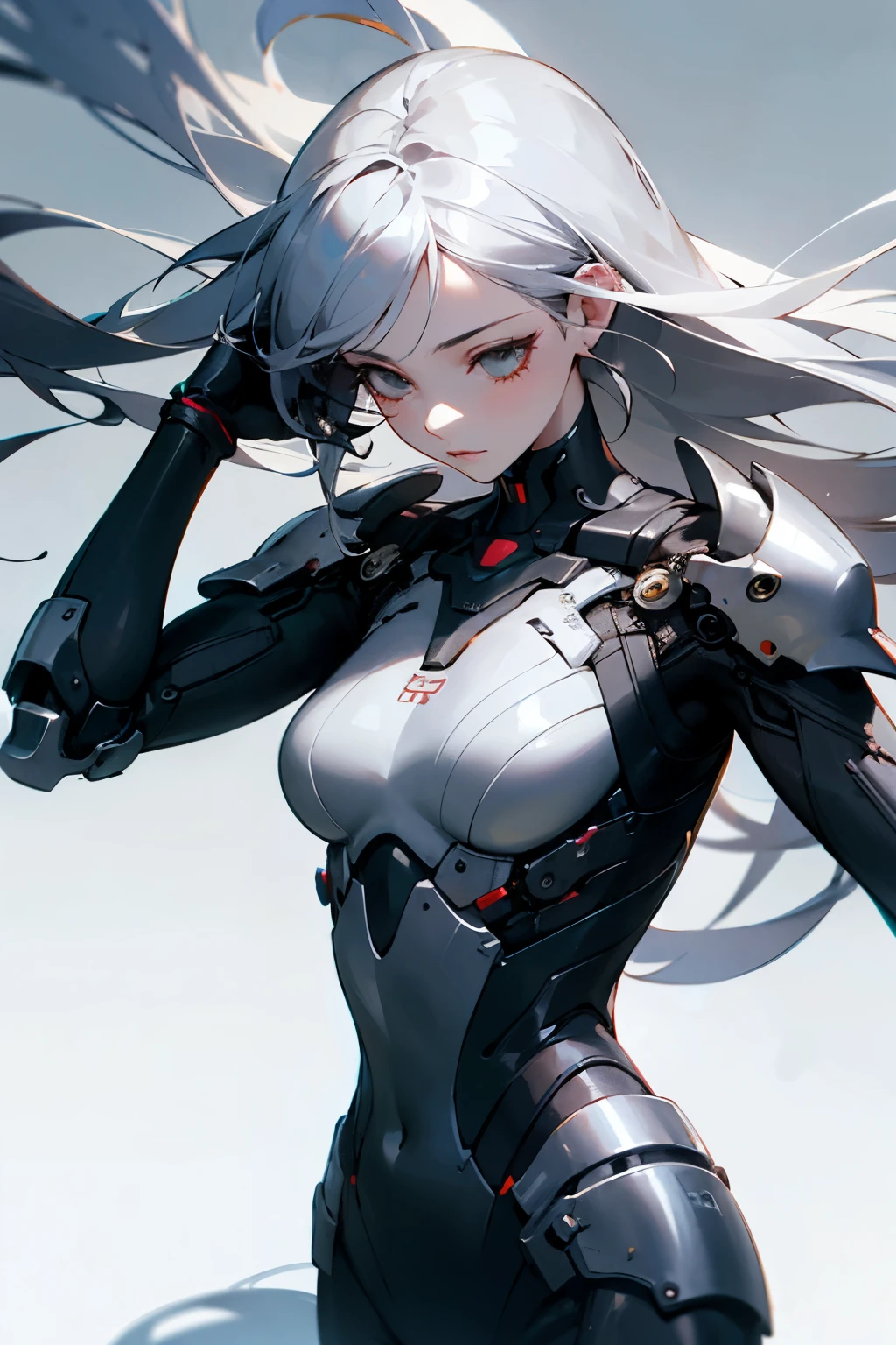 (1 Girl:1.3), Solitary, __body parts__ Delicate and realistic skin, Pale skin,official art, Unity 16k HD wallpaper, Ultra Detailed, beauty and aesthetics, beauty, masterpiece, best quality, In cyberpunk city background, wonderful atmosphere, Calming color palette, A calm mood, Soft shadows,Wearing mechanical armor, charm,Charming,Graceful and graceful,Elegant,Silver hair,Flowing hair,Rich details of clothes