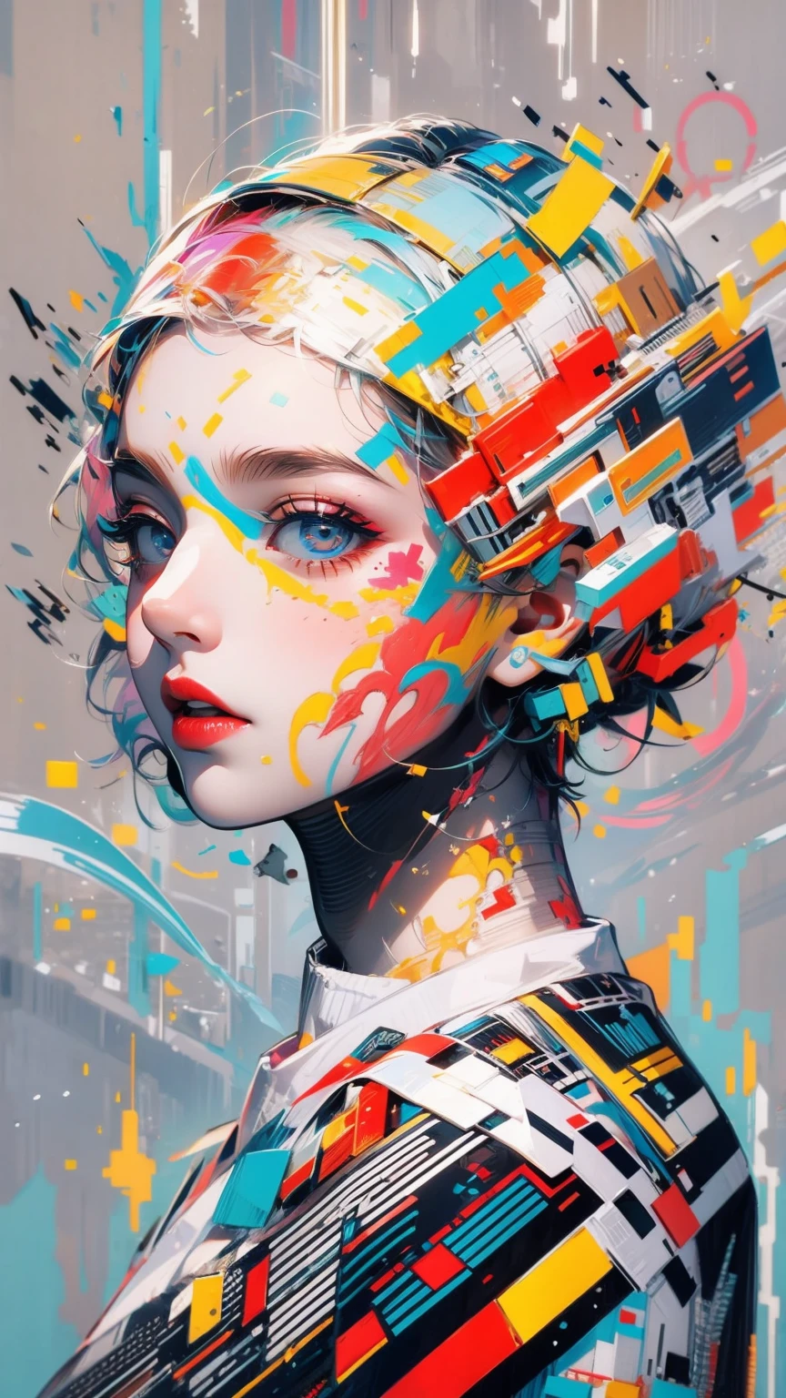 (masterpiece, High resolution, highest quality), Composition from head to thighs:1.3, Upper body focus, 20-year-old woman, Blank look, short hair, Avant-garde makeup, abstract design, Colorful monster collage, artistic juxtapositions, High contrast, mixed-media approach, Anime Style, Simple lines, Digital Painting,