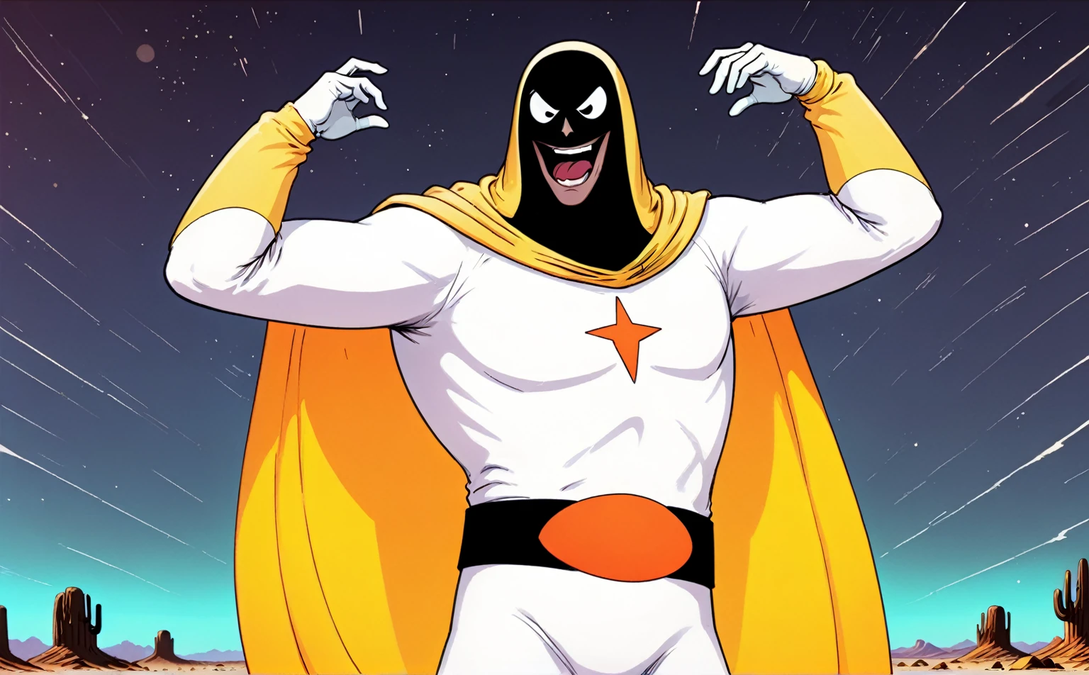 Post-Apocalyptic Wasteland, Space Ghost dancing a vile stanky boogie dance, exaggerated, excessive, cel shading, harsh desert conditions, extreme heat, cinematic, rich color grading, sense of energy, A wordless, visually hilarious, cohesive, intense meme that conveys overwhelming joy
