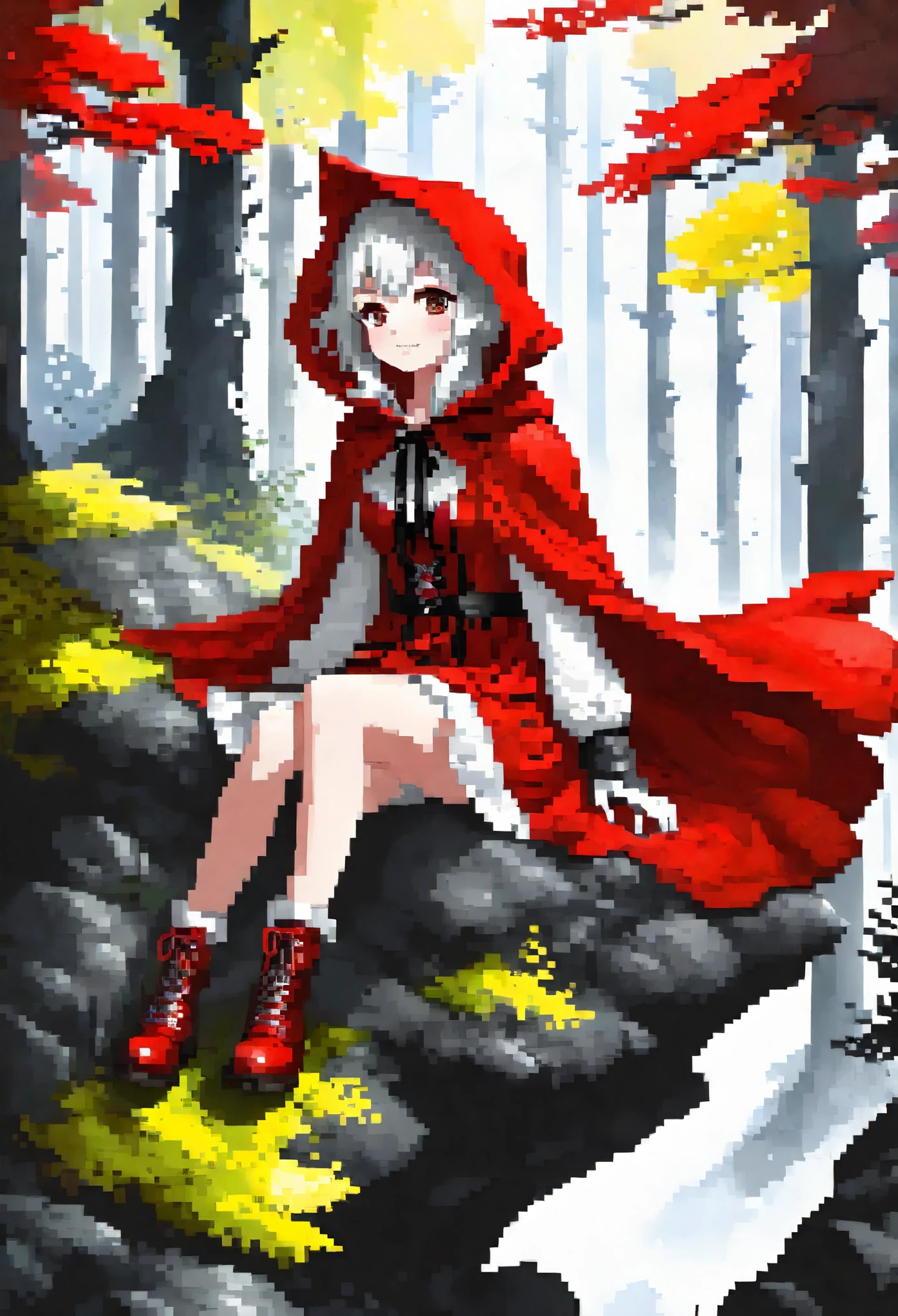 top quality, best quality, highres, unparalleled masterpiece, perfect artwork, paid reward available, anime girl in red riding hood sitting on rock in forest, an anime drawing by Shitao, pixiv, fantasy art, grayscale phtoto with red dress, red riding hood, dressed in a beautiful red cloak, wolf, little red riding hood, thief red riding hood, beautiful anime art style, high quality anime art, high quality anime artstyle, at pixiv, monochrome,