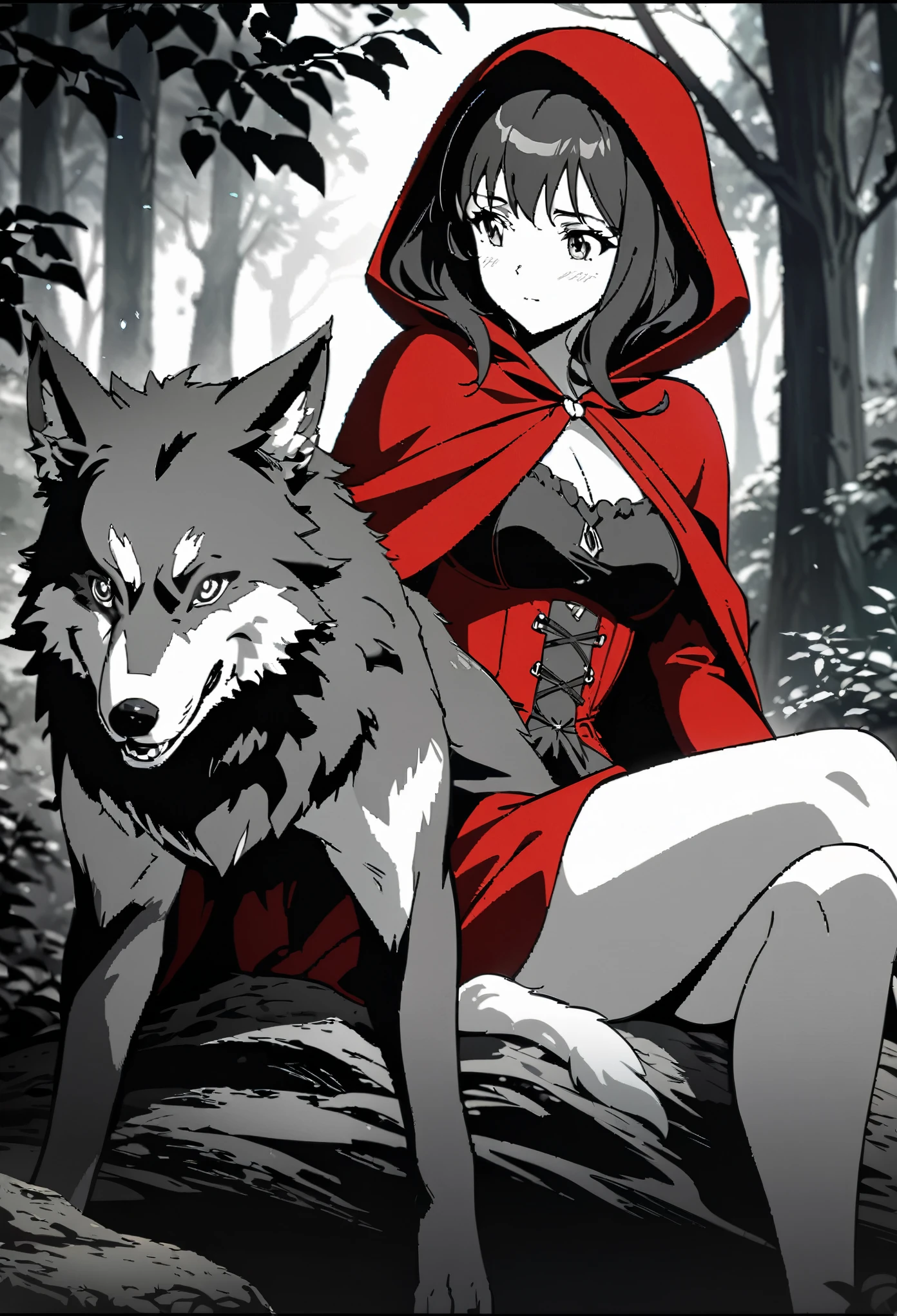 top quality, best quality, highres, unparalleled masterpiece, perfect artwork, paid reward available, anime girl in red riding hood sitting on rock in forest, an anime drawing by Shitao, pixiv, fantasy art, grayscale phtoto with red dress, red riding hood, dressed in a beautiful red cloak, wolf, little red riding hood, thief red riding hood, beautiful anime art style, high quality anime art, high quality anime artstyle, at pixiv, monochrome,