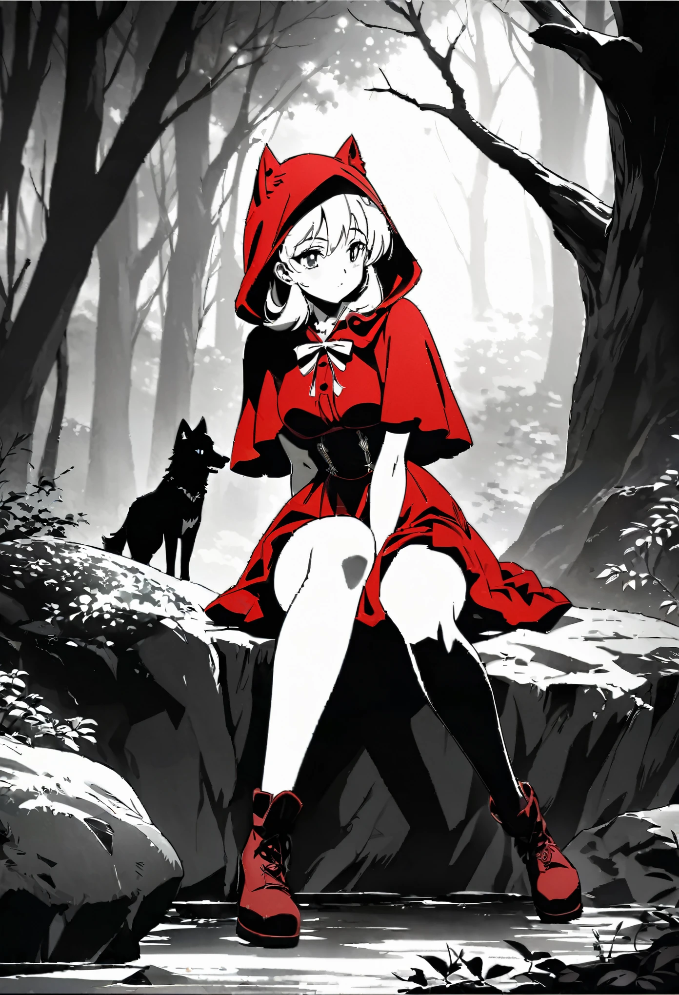 top quality, best quality, highres, unparalleled masterpiece, perfect artwork, paid reward available, anime girl in red riding hood sitting on rock in forest, an anime drawing by Shitao, pixiv, fantasy art, grayscale phtoto with red dress, red riding hood, dressed in a beautiful red cloak, wolf, little red riding hood, thief red riding hood, beautiful anime art style, high quality anime art, high quality anime artstyle, at pixiv, monochrome,