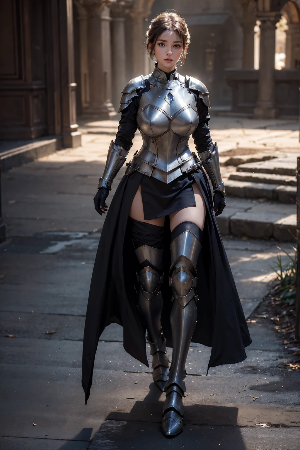 (((full image:1.5, show full body, standing:1.8, facing viewer, the front body facing directly to the front of camera, show body from head to toe))), huge breast:1.7, tall body, fit body, pale skin, ((standing perfectly)), a woman wearing luxurious chest armor (ornately decorated), pauldrons, gloves, pants, show iron boots, short hair with updo. knight, western knight, warrior, female paladin. High quality:1.3, Professional lighting:2.0, realistic:1.2, 4k resolution, detailed skin, finely detail, masterpiece:1.1, centered image, outdoor.