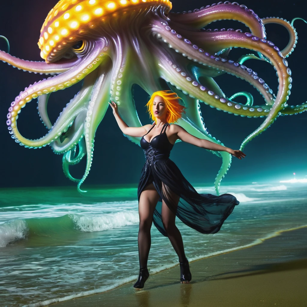 (scifi, horror)"(best quality,4k,highres),
A lovely woman (25, athletic, busty, golden ratio figure, random race, brightly colored hair, dressed appropriate to the scene),awakened rudely [on the beach] (panic and struggle),
A UFO hovers nearby, an neon gelatinous Eldritch tentacle (very large, octopus like, many large tentacles) alien has the woman,
enthusiastically exploring and enveloping her, moving the woman towards the UFO [otherworldly lights] (damsel abduction),
night time beach,
(strong contrast) between darkness and UFO lights"