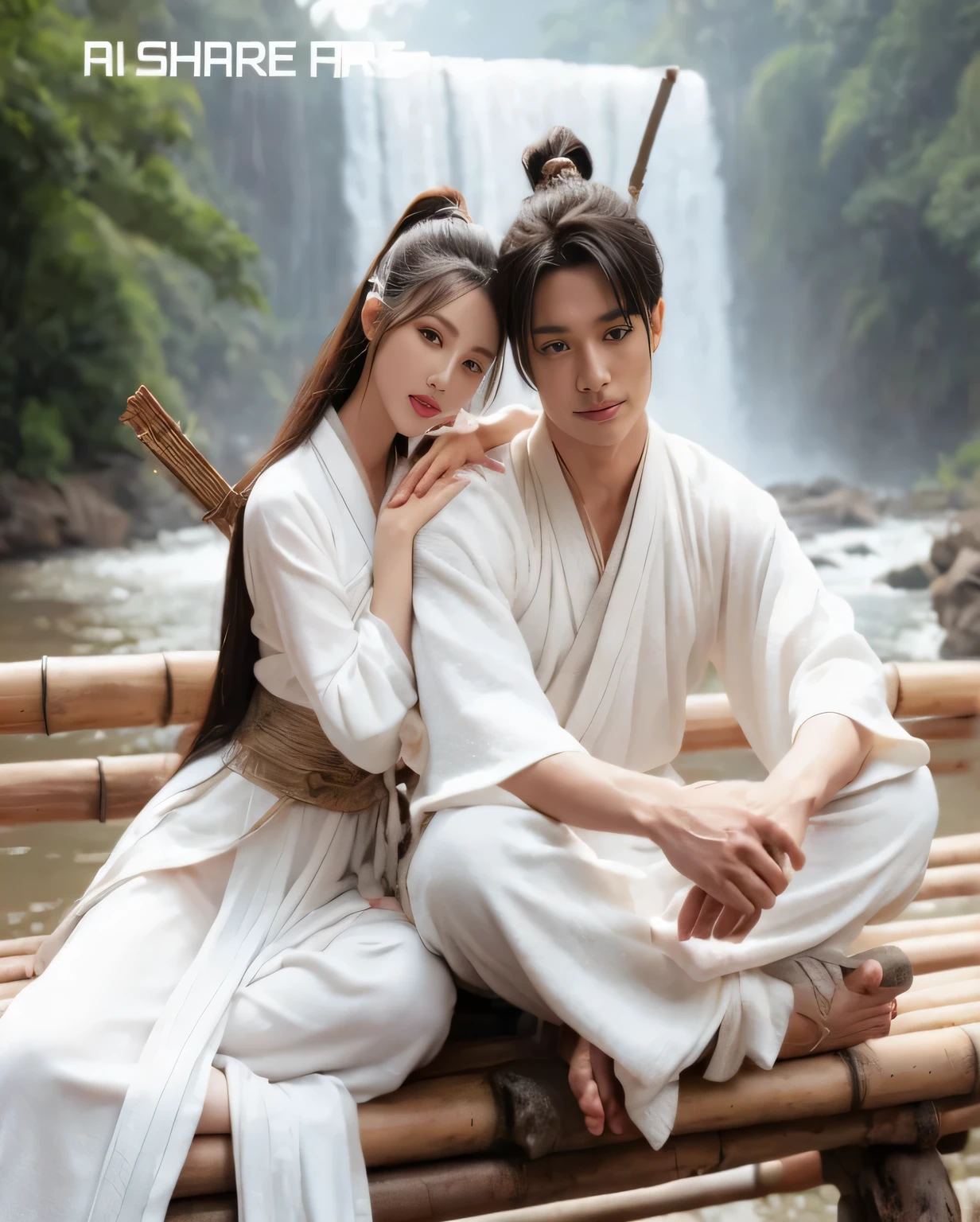 there are two people sitting on a bamboo bench near a waterfall, flowing white robes, flowing hair and long robes, long flowing white robe, white hanfu, full body wuxia, olchas logan cure liang xing, roberto ferri and ruan jia, sha xi, ruan jia and artgerm, wuxia