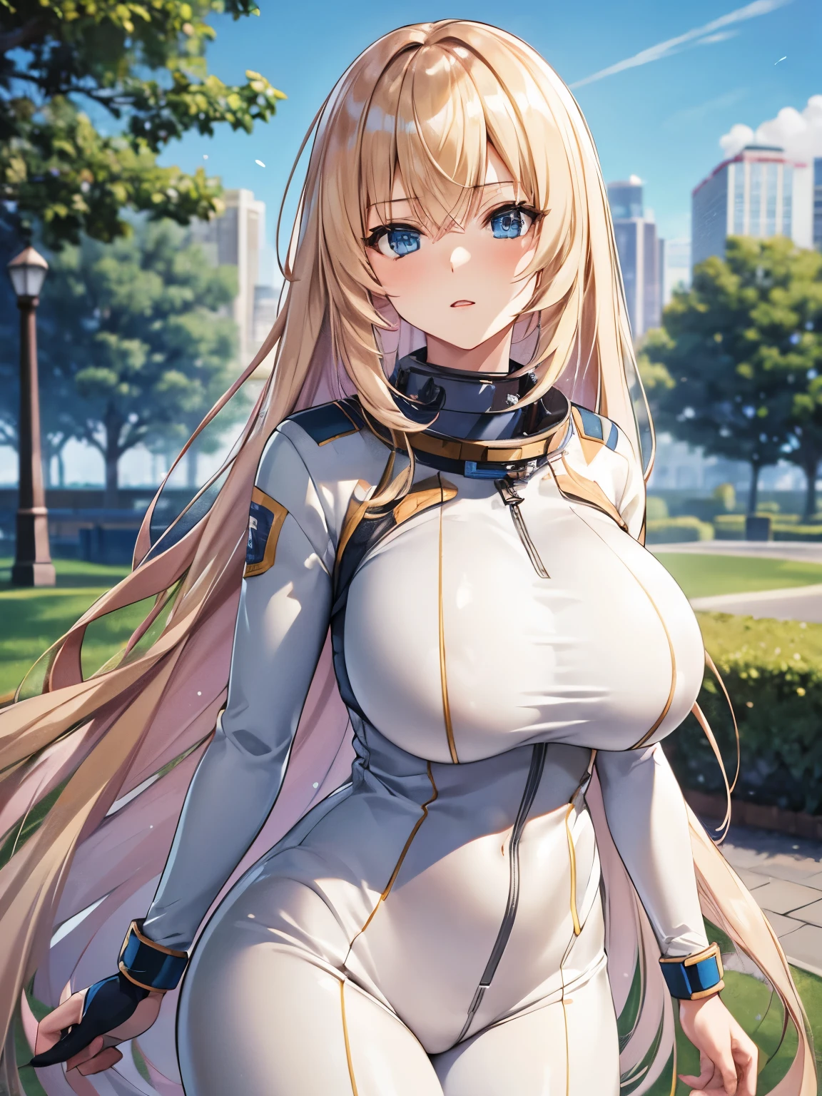 1 adult woman, very beautiful, half body photo,standing,In the park,astronaut suit,very big breast, blonde hair,blonde hair, blue eyes, white skin, long hair,elegant, cute, ultra detailed, ultra HD