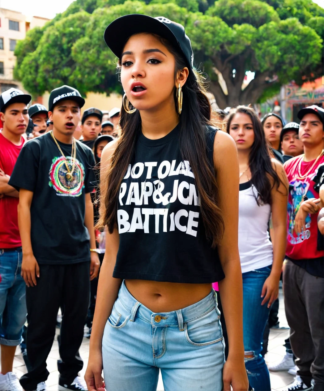 20 year old hip hop girl in a rap battle in a Mexican plaza