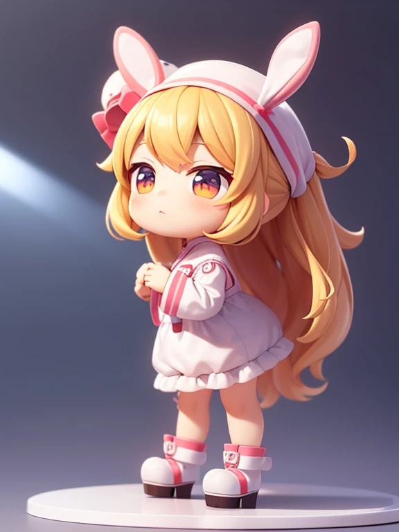PopMart blind box IP, super cute girl in pig-shaped hat, technical elements, fashionable clothes, streamlined 3D/C4D production: 8K HD image quality / lighting / ultra-fine lens depiction 1.5, perfect, chibi background / cinematic feeling.