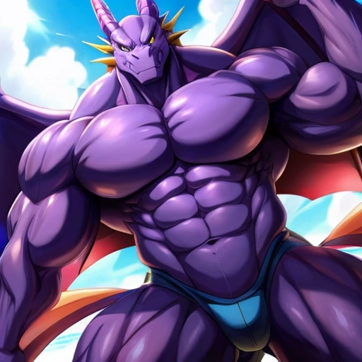 dragon, purple body, blue horns, tight beach clothes, large bat wings, anime soft shading , huge muscles, , Toriyama style, low angle