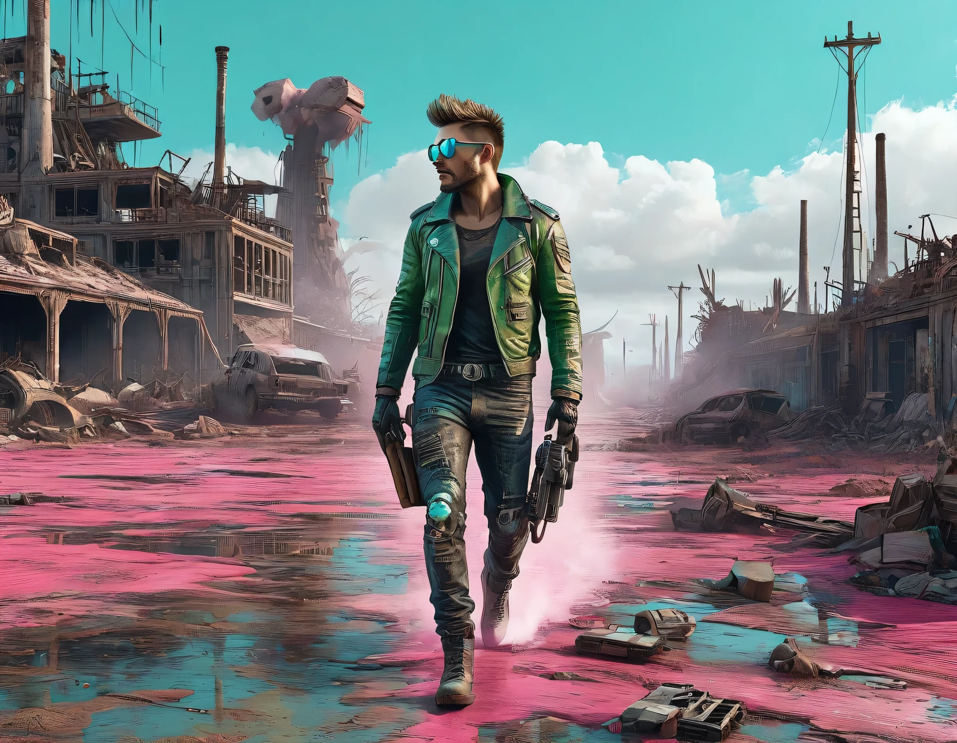 long shot, full body, ((Create a post-apocalyptic wasteland with advanced technology Creative Fabrica:1.7)), ultra detailed:1.6, cinematic, explosive, post-apocalyptic, Mad Max, punk, leather, metal, Dynamics, supreme quality, details intricate, cinematic lighting, metallic surfaces), Best possible quality, Ultra resolution 8K, Stunning illustration, best of all, Awarded, like being the best, leather jacket, pink sunglasses: 1.3, light ripped and frayed jeans, ((pink, cyan, brown, green, white colors: 1.5) ), epic desert setting: 1.5, photorealistic: 1.4, skin texture: 1.4, super masterpiece, super detailed, hyper detailed, ((night, darkness: 1.6)), 32K