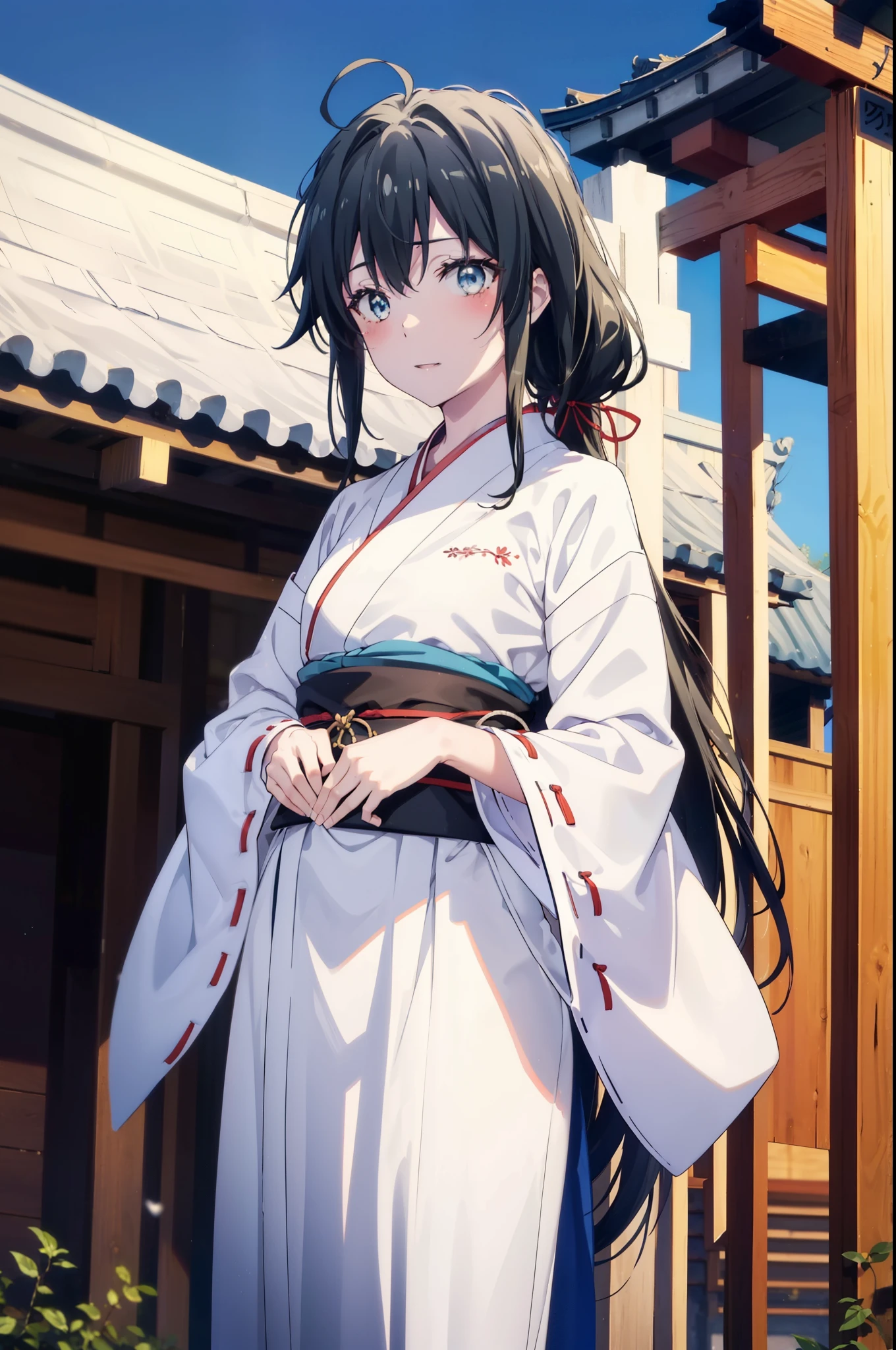 yukinoyukinoshita, Yukino yukinoshita, Black Hair, blue eyes, Long Hair,blush,smile,Open your mouth, Ahoge,Platycodon grandiflorum,Miko, White Kimono, red hakama,kimono, Thick sleeves, Long sleeve, Ribbon-trimmed sleeves, 
とてもLong Hair, Blunt bangs, Low ponytail, White tabi,Sandals,Daytime,Clear skies,
break outdoors, shrine,torii,
break looking at viewer, (Cowboy Shot:1.5),
break (masterpiece:1.2), highest quality, High resolution, unity 8k wallpaper, (figure:0.8), (Beautiful fine details:1.6), Highly detailed face, Perfect lighting, Highly detailed CG, (Perfect hands, Perfect Anatomy),