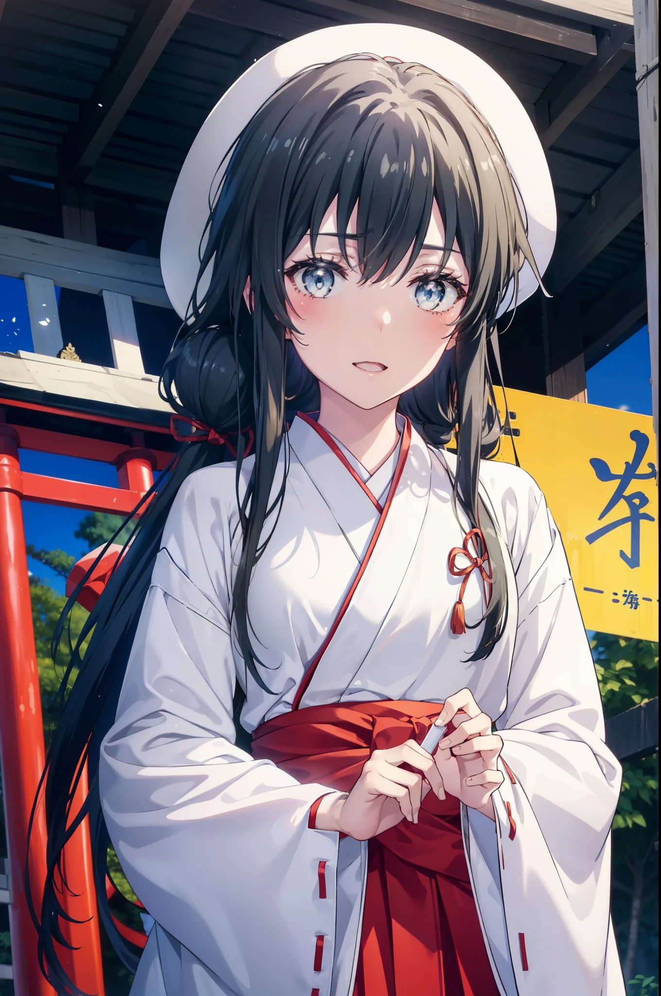 yukinoyukinoshita, Yukino yukinoshita, Black Hair, blue eyes, Long Hair,blush,smile,Open your mouth, Ahoge,Platycodon grandiflorum,Miko, White Kimono, red hakama,kimono, Thick sleeves, Long sleeve, Ribbon-trimmed sleeves, 
とてもLong Hair, Blunt bangs, Low ponytail, White tabi,Sandals,Daytime,Clear skies,
break outdoors, shrine,torii,
break looking at viewer, (Cowboy Shot:1.5),
break (masterpiece:1.2), highest quality, High resolution, unity 8k wallpaper, (figure:0.8), (Beautiful fine details:1.6), Highly detailed face, Perfect lighting, Highly detailed CG, (Perfect hands, Perfect Anatomy),