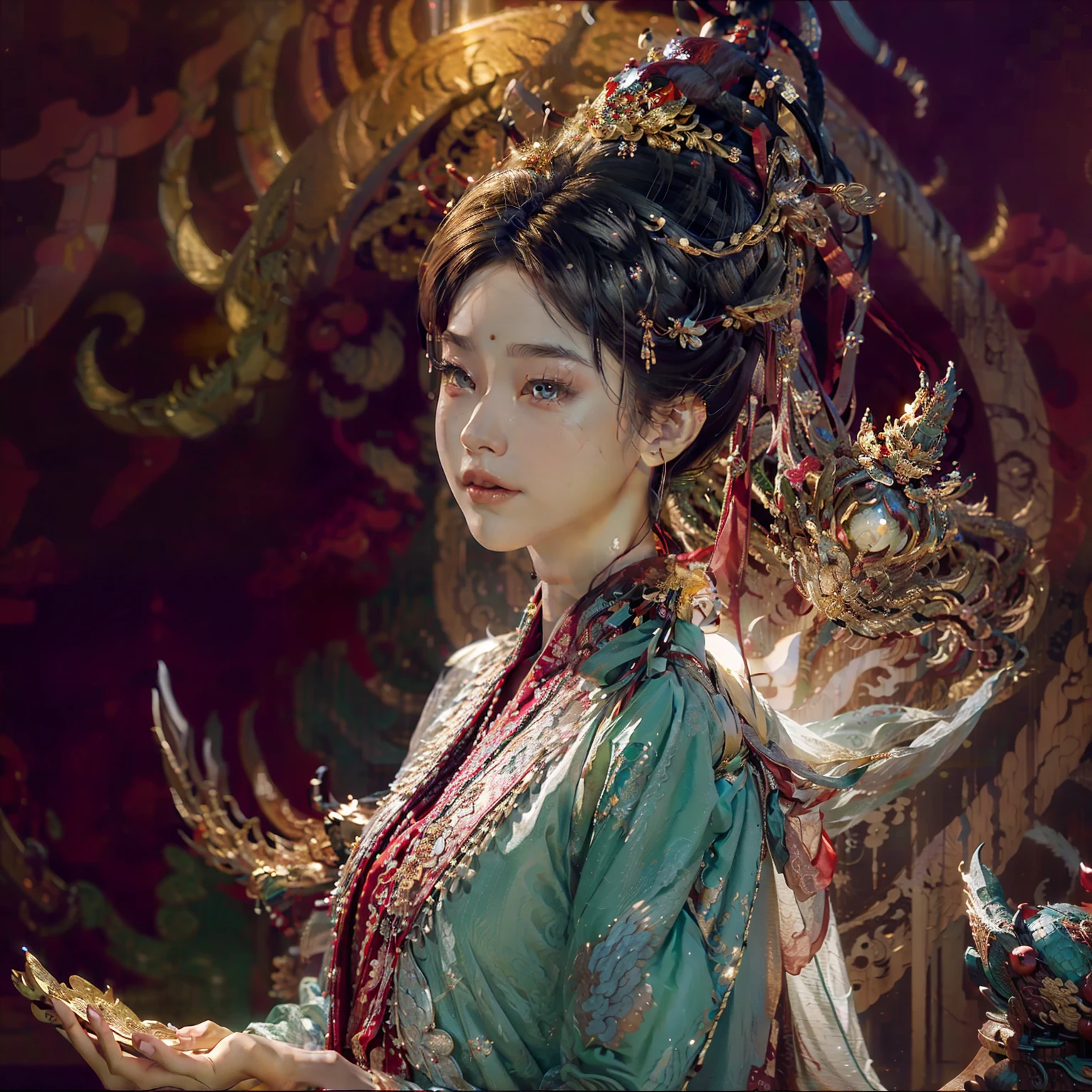 A young dragon, an exquisite masterpiece in Hanfu, stands proudly under the full moon. Its silhouette, finely drawn with intricate details, is bathed in rich lighting, creating a dream-like atmosphere. The portrait showcases Old Themes, evoking a sense of antiquity and mystery. The dragon's eyes are finely drawn, detailed and expressive, shimmering with a brilliant sheen under the moonlight. Its scales are meticulously rendered, their texture glistening in the moonbeams. The dragon's face, full of character and emotion, is a testament to the artist's skill and precision. The scene is enchanting, with the dragon