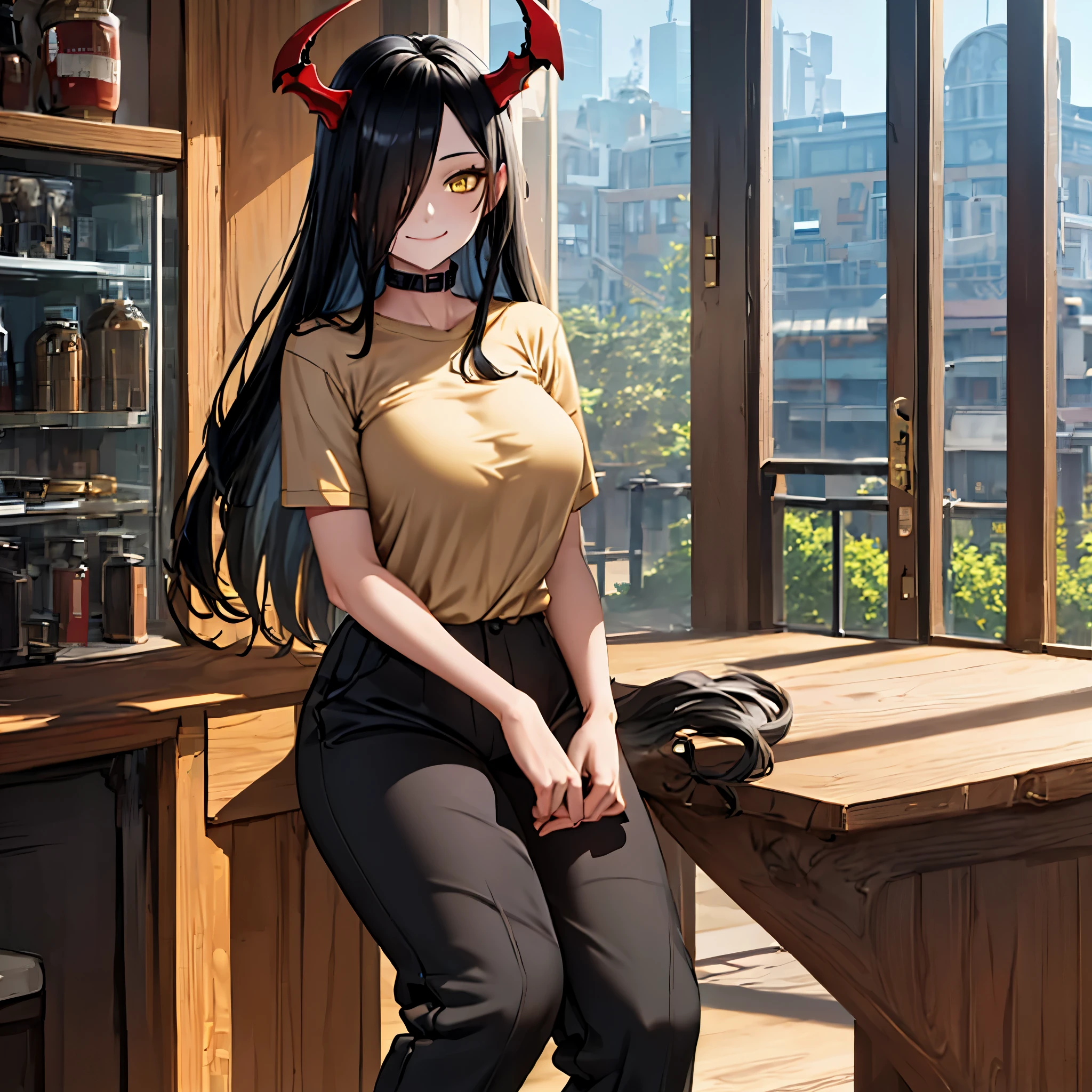 a woman wearing black madame pants, wearing a beige madame t-shirt, long black hair, yellow eyes, red horns, smiling, inside a large building, overlooking others, a large, well-detailed building,,HDR, masterpiece, well defined, ultra resolution, high quality, 8k HD. (just a woman, solo)