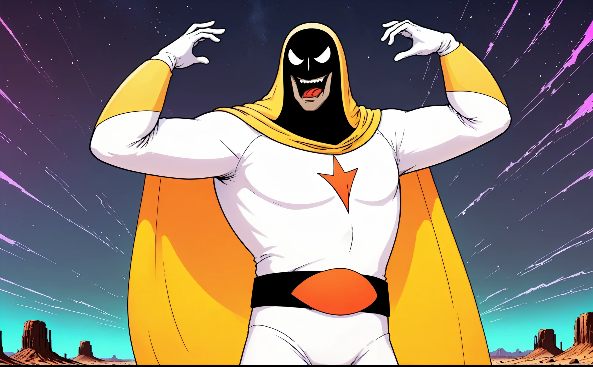 Post-Apocalyptic Wasteland, Space Ghost dancing a vile stanky boogie dance, exaggerated, excessive, cel shading, harsh desert conditions, extreme heat, cinematic, rich color grading, sense of energy, A wordless, visually hilarious, cohesive, intense meme that conveys overwhelming joy