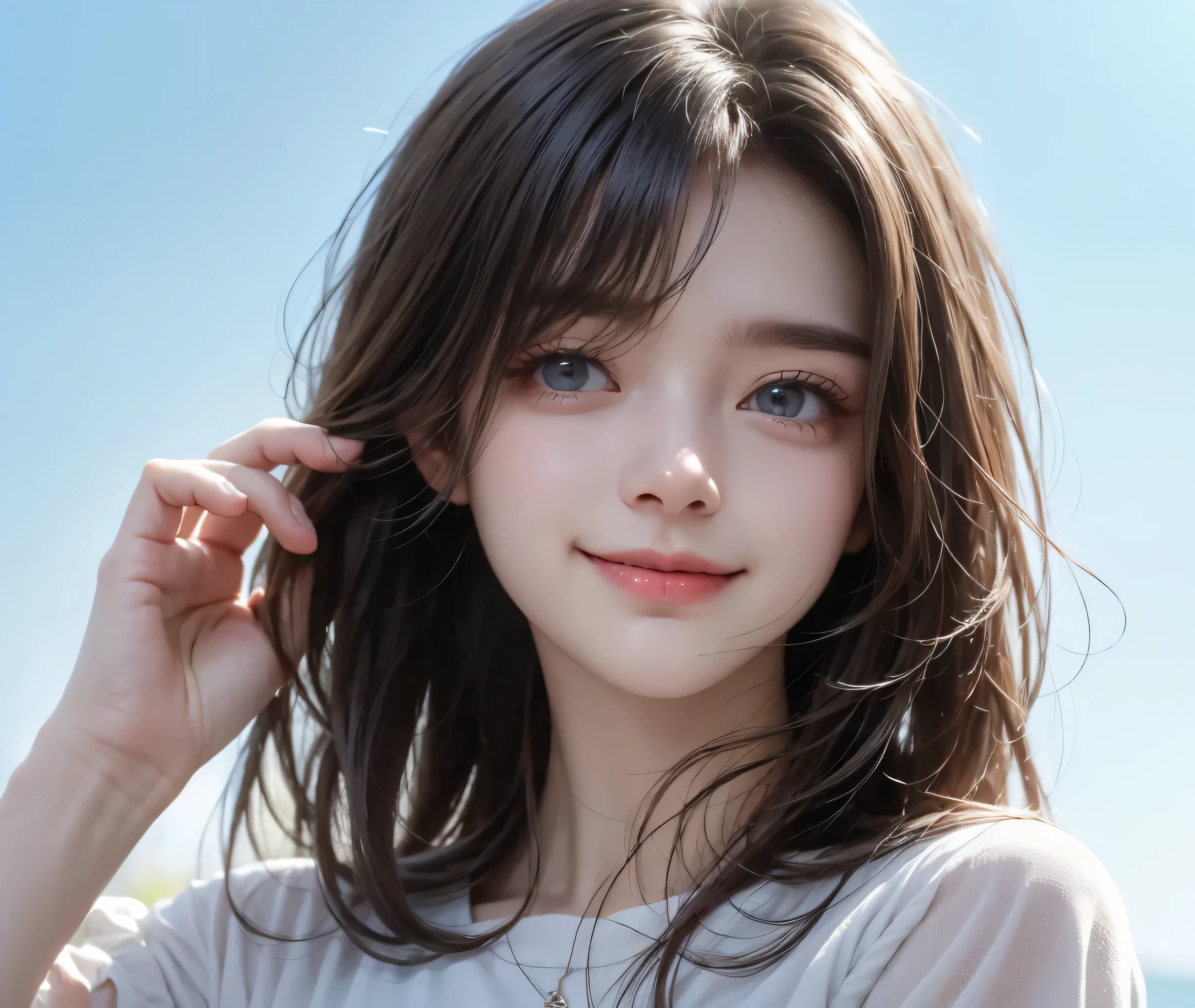 RAW photo、Please keep looking at me、Bright screen、light brown medium bob hair、8K、outdoor、blue sky、Upper body、Photographed alone、40 years old、smile