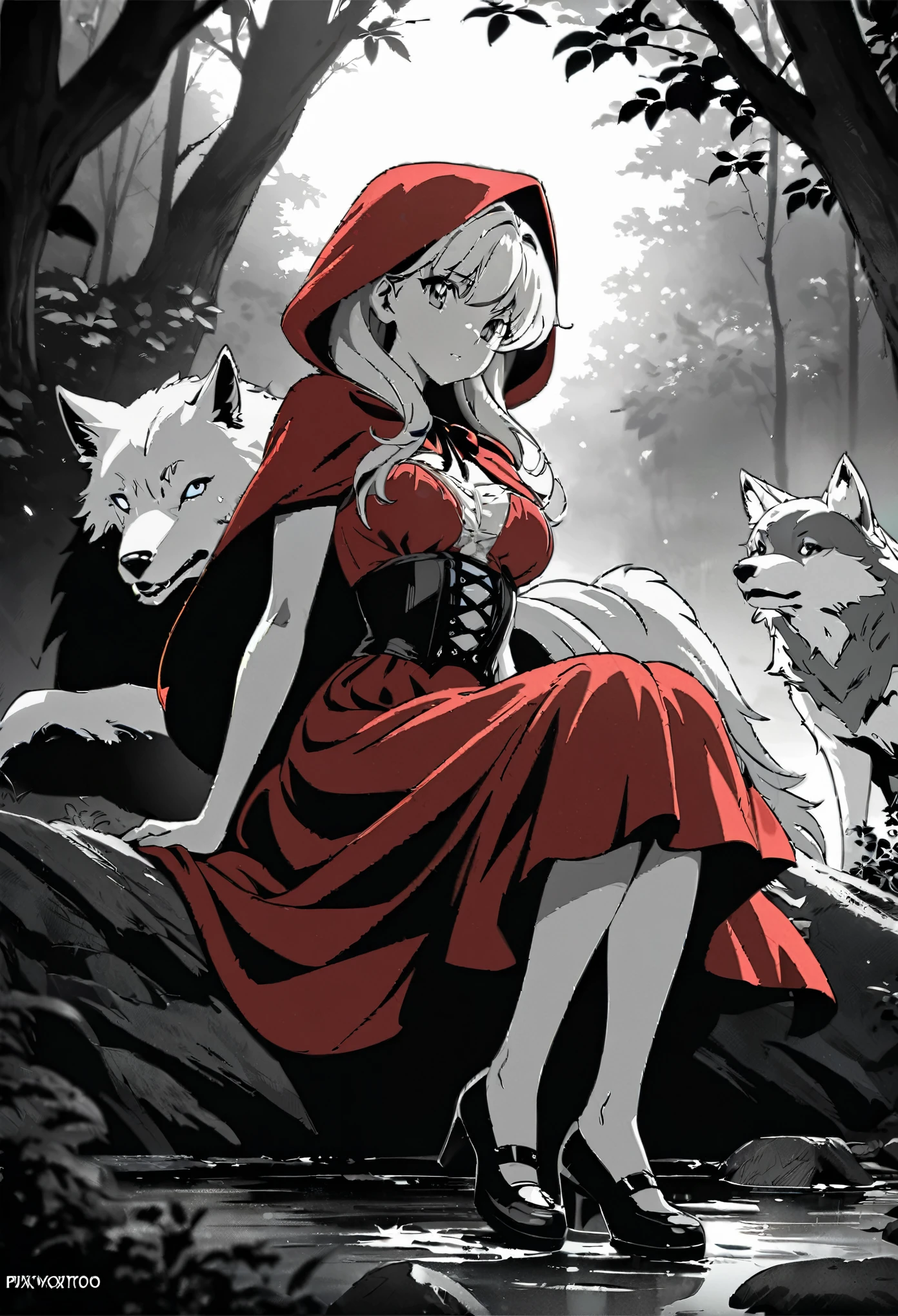 1girl\(red hood, basket\(wine bottle and bread\),\) AND 1man\((werewolf:1.3),white fur, beautiful,(evil:1.3) smile, fang,(wearing fur),mad\), at medieval English era on a full moon night, BREAK ,quality\(8k,wallpaper of extremely detailed CG unit, ​masterpiece,hight resolution,top-quality,top-quality real texture skin,hyper realisitic,increase the resolution,RAW photos,best qualtiy,highly detailed,the wallpaper,cinematic lighting,ray trace,golden ratio,\),d4rkpurp