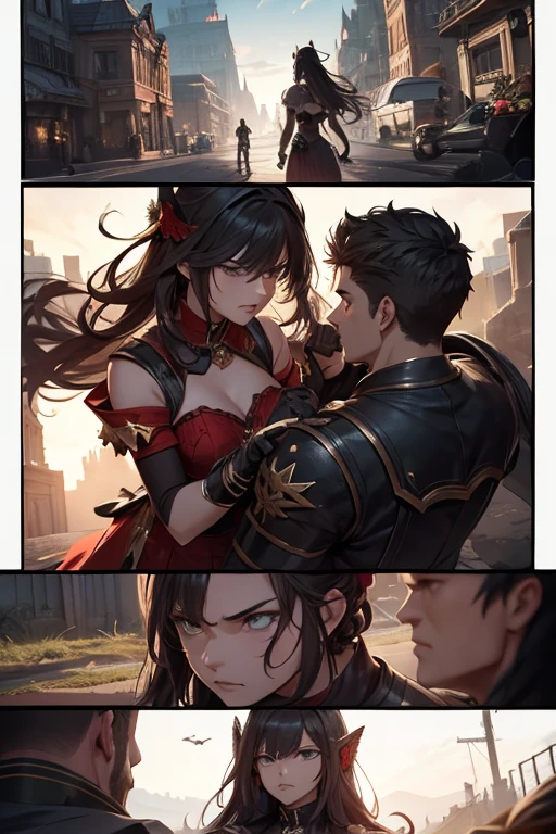 Angry couple, a man and a girl are fighting each other. they wear fantasy outfits