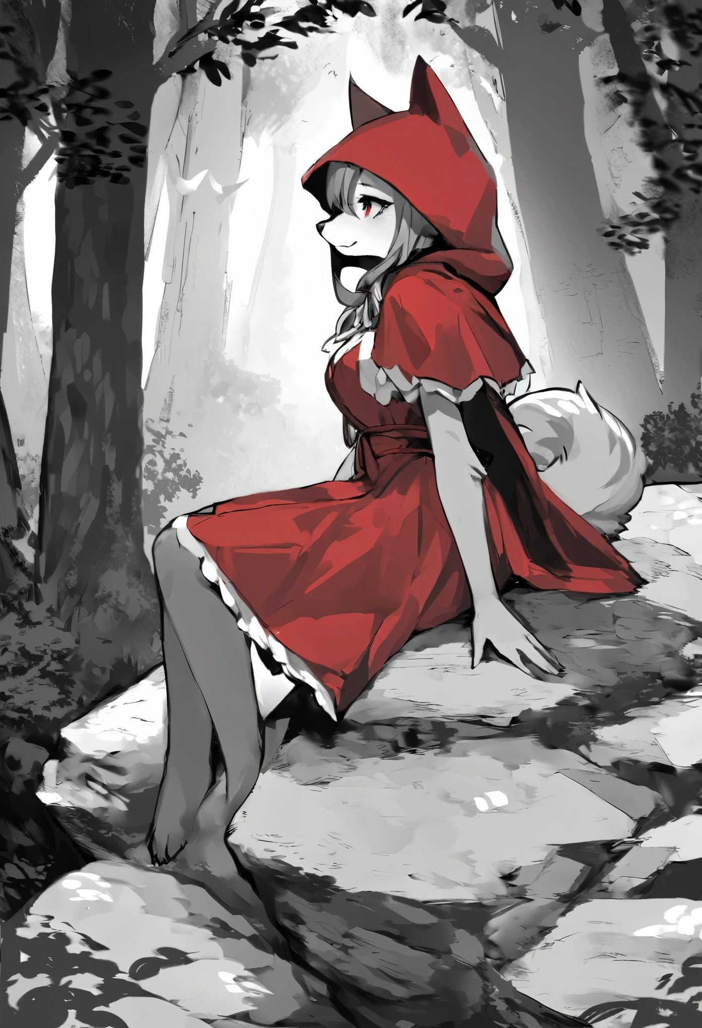 top quality, best quality, highres, unparalleled masterpiece, perfect artwork, paid reward available, anime girl in red riding hood sitting on rock in forest, an anime drawing by Shitao, pixiv, fantasy art, grayscale phtoto with red dress, red riding hood, dressed in a beautiful red cloak, wolf, little red riding hood, thief red riding hood, beautiful anime art style, high quality anime art, high quality anime artstyle, at pixiv, monochrome,