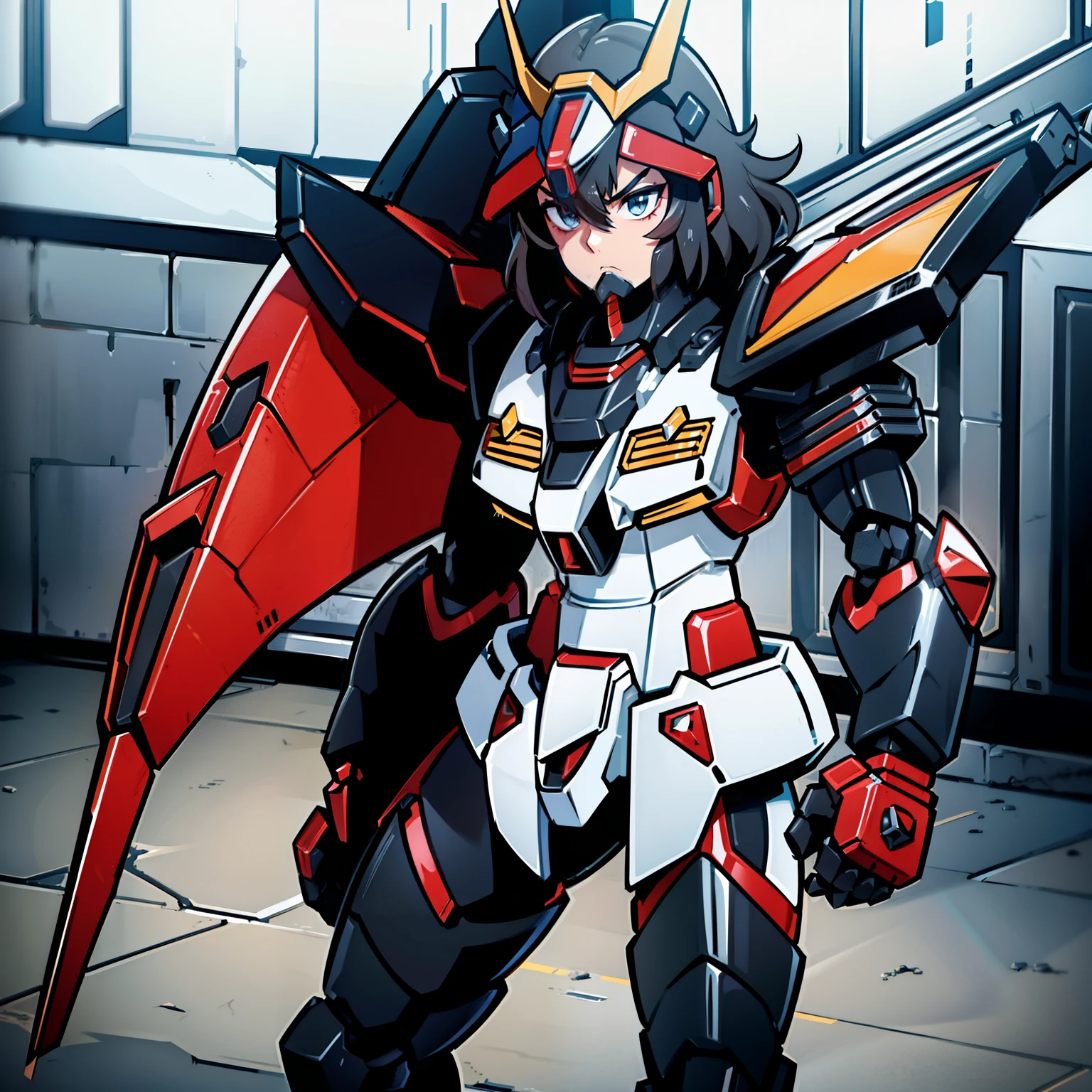 matar a la presa_Ryuko wearing Dark rojo + negro Captain armored outfit with an armored cuirass, Designed with heavy Gundam armor and an officer-style suit., de pie en una gran sala central, pesado (negro+rojo) Armadura estilo Gundam, encerrado en una armadura, slightly muscular build, Armadura extremadamente gruesa, encerrado en una armadura pesada, pesado Gundam Armor, encerrado en una armadura extremadamente voluminosa, vestido estilo gundam, Gran capa roja que fluye, armadura pesada gundam, manos en la cintura, Looking to the camera, encerrado en una armadura gundam, ambos brazos en las caderas, pose de vaquero, mechanical wings, gran escote 