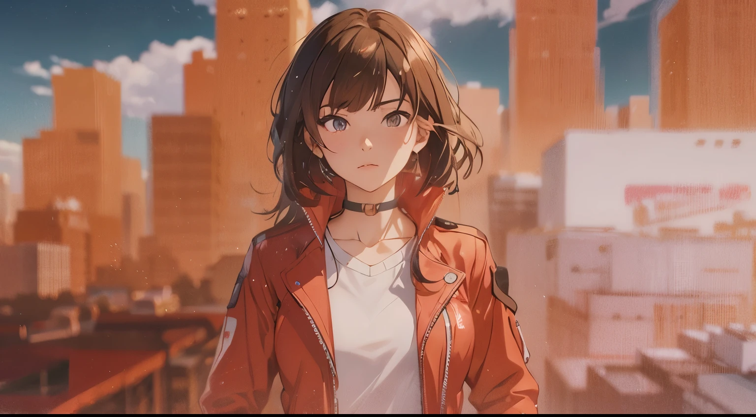 Anime girl in a red jacket and white shirt standing in front of the city, Realistic anime art style, Ilya Kuvshinov style, Ilya Kuvshinov. 4K, Realistic anime 3D style, realistic anime artstyle, anime style portrait, anime styled digital art, anime style. 8k, Anime realism style, Makoto Shinkai and Artgerm