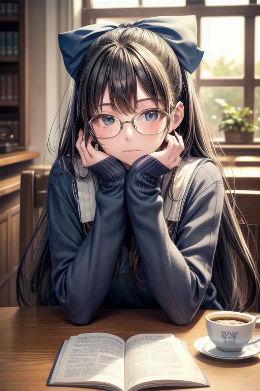 tableトップ, highest quality, One Girl, alone, Long Hair, Wearing glasses,window, Sitting, indoor, table, Sleeves are longer than the wrist, Cafe, Hair Bow, Headrest, Mouth closed, Blue sweater, Upper Body