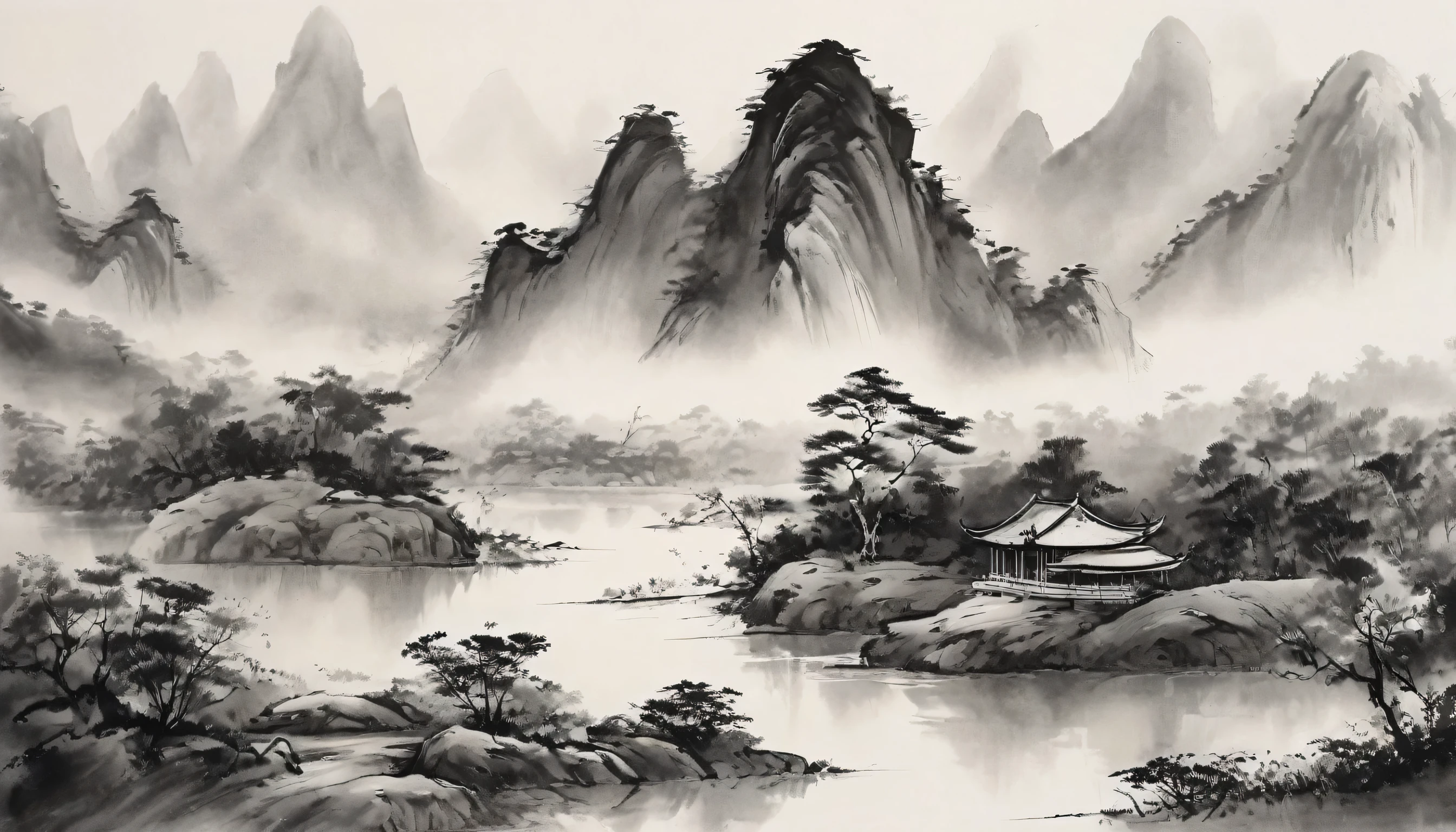 (best quality, high resolution, masterpiece:1.2), landscape painting,China,Ultra Detailed, Black ink sketch, Smooth lines, Emphasis on light and shadow, Plenty of negative space, Smooth lines,Ink concentration comparison,Emphasis on light and shadow,amplitude,Plenty of negative space,Peaceful atmosphere,calm atmosphere,It felt like a dream,Exquisite and charming details,calm colors,Calm and introspective,elegant gesture,Gentle movements,Kind and innocent,Elegant Whisper,Quiet and elegant,shining brightness,Sublime beauty,vector illustration,black and white,Natural and organic,Nourishing and Calming,Sublime simplicity,Magical charm.