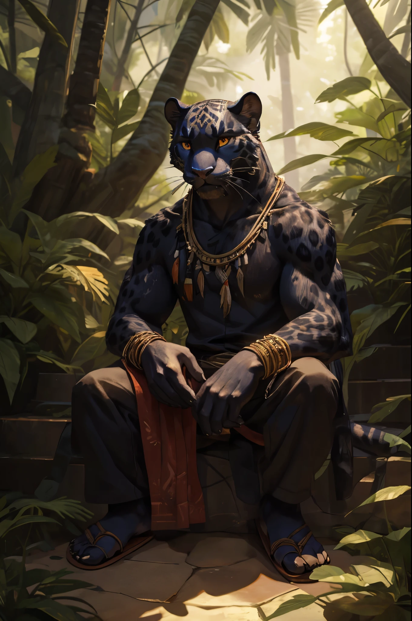 (((sfw))), (((Barefoot furry character, full body, cinematic setting, furry male, plantigrade))) Curare depicted as stealthy and agile ((black panther)) anthro with sleek black fur and piercing amber eyes. Clad in tribal-inspired attire with dart motifs symbolizing curare's traditional use in blow darts. The figure sitting barefoot in a dense rainforest setting, surrounded by vines and exotic plants like Strychnos toxifera, used in curare preparation by indigenous tribes. (((nice feet paws, soles with pawpads, one feet lifted))), BREAK, detailed background, 8K, (masterpiece:1.5), intricate details, highly detailed, extreme detail, octane render, fine art, best quality, highres, (detailed face:1.5), ((full_body)), UHD, (((perfect hands))), low light, (((green glow in eyes, open mouth, drooling, deeply hypnotised)))