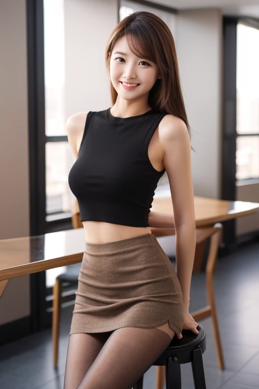 whole body, highest quality, Realistic, Very detailed, finely, High resolution, 8k wallpaper, One beautiful woman,, Light brown messy hair, Wear a business suit, Sharp focus, Perfect dynamic composition, Beautiful and detailed, Thinning hair, Detailed Realistic skin texture, smile, Close-up portrait, Model Body Type、length, Muscular, Beautiful feet、Beautiful legs、Super mini tight skirt、Big Hips、thin black pantyhose、I can see the toes of her high heels、Perfect Style、Sitting on a low chair with my legs spread, I look down、smileで股間を見せる、Not wearing panties、Angle from below、She wears beautiful thin black pantyhose、