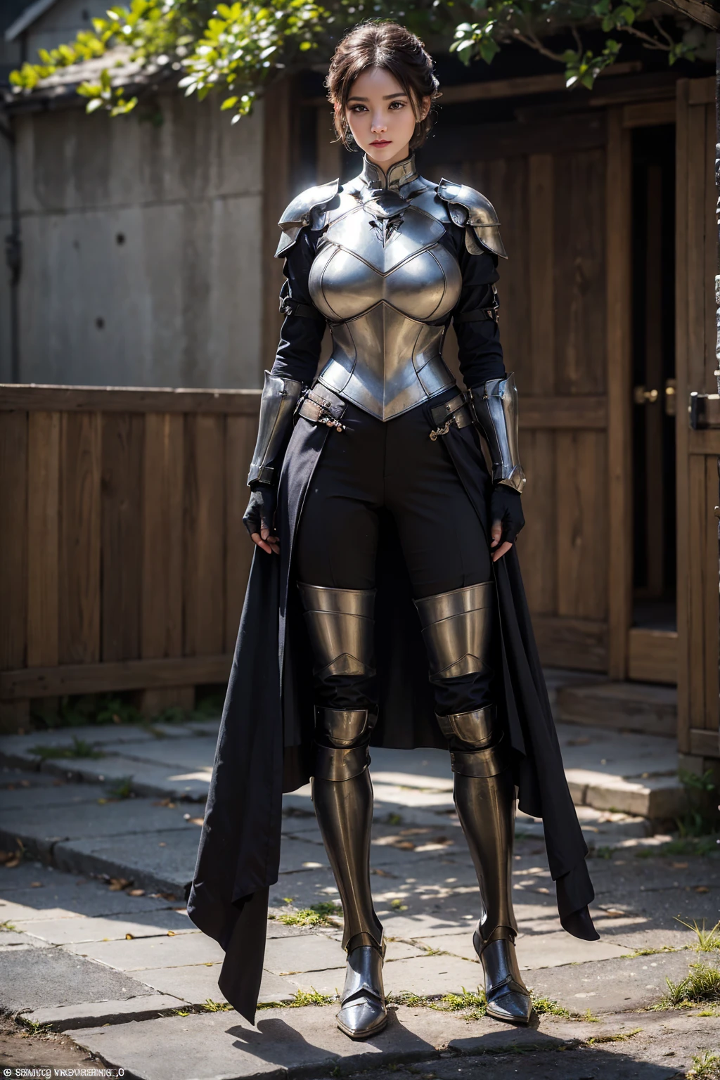 (((full image:1.5, show full body, standing:1.8, facing viewer, the front body facing directly to the front of camera, show body from head to toe))), huge breast:1.7, tall body, fit body, pale skin, ((standing perfectly)), a woman wearing luxurious chest armor (ornately decorated), pauldrons, gloves, pants, show iron boots, short hair with updo. knight, western knight, warrior. High quality:1.3, Professional lighting:2.0, realistic:1.2, 4k resolution, detailed skin, finely detail, masterpiece:1.1, centered image, outdoor.