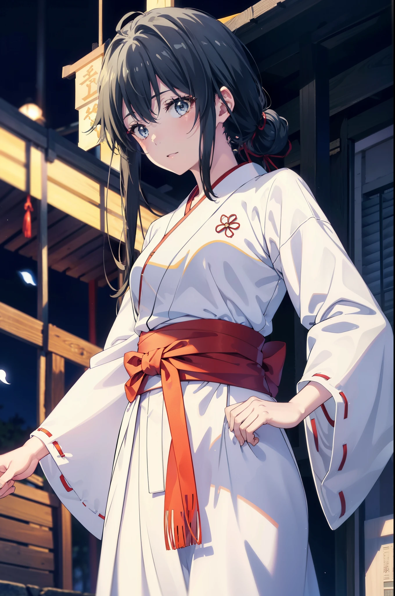 yukinoyukinoshita, Yukino yukinoshita, Black Hair, blue eyes, Long Hair,blush,smile,Open your mouth, Ahoge,Platycodon grandiflorum,Miko, White Kimono, red hakama,kimono, Thick sleeves, Long sleeve, Ribbon-trimmed sleeves, 
とてもLong Hair, Blunt bangs, Low ponytail, White tabi,Sandals,Daytime,Clear skies,whole bodyがイラストに入るように,
break outdoors, shrine,torii,
break looking at viewer,whole body, (Cowboy Shot:1.5),
break (masterpiece:1.2), highest quality, High resolution, unity 8k wallpaper, (figure:0.8), (Beautiful fine details:1.6), Highly detailed face, Perfect lighting, Highly detailed CG, (Perfect hands, Perfect Anatomy),