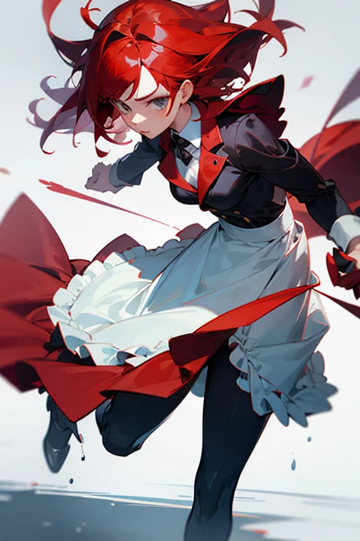 1girl, red hair, maid suit, stand, skirt