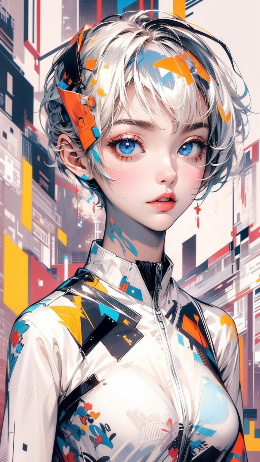 (masterpiece, High resolution, highest quality), Composition from head to thighs:1.3, Upper body focus, 20-year-old woman, Blank look, short hair, Avant-garde makeup, abstract design, artistic juxtapositions, High contrast, mixed-media approach, Anime Style, Simple lines, Digital Painting,