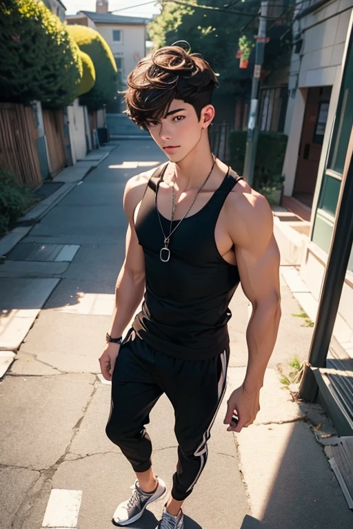 (nsfw), full body shot, Highest quality, 8k, High resolution, One man, High-quality texture, Intricate details, CG, High Quality Shadows, Written boundary depth, Ray Tracing, (Age 25), cool, shy, Looking at the audience, (jogger pants, Tank top), (Eye color is brown), (Brown Hair, short hair, bangs), (Layered Hairstyles), Be sure to add details to your clothes, full body shot, (Lying:1.2), Muscular, bedroom