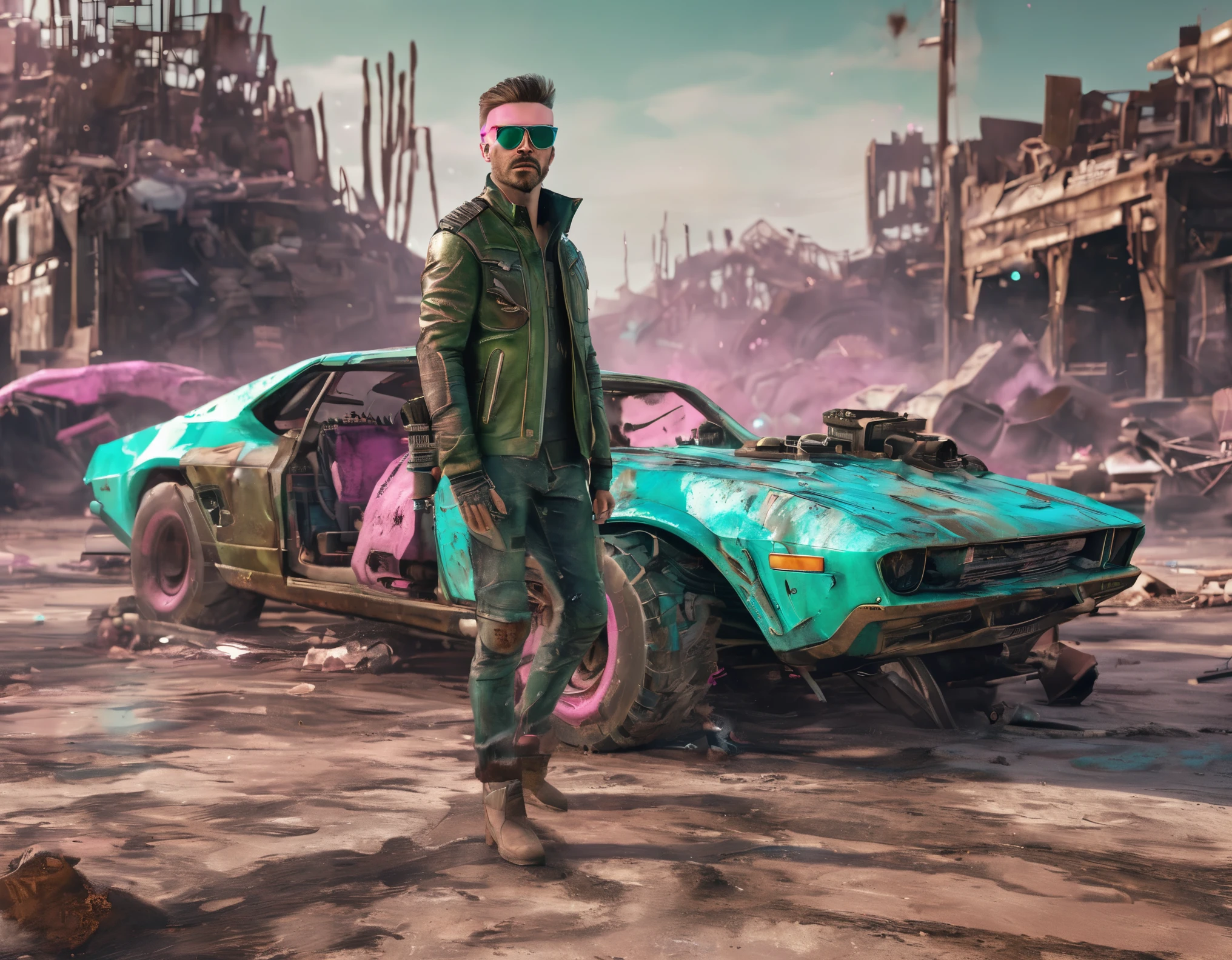 long shot, full body, ((Create a post-apocalyptic wasteland with advanced technology Creative Fabrica:1.7)), ultra detailed:1.6, cinematic, explosive, post-apocalyptic, Mad Max, punk, leather, metal, Dynamics, supreme quality, details intricate, cinematic lighting, metallic surfaces), Best possible quality, Ultra resolution 8K, Stunning illustration, best of all, Awarded, like being the best, leather jacket, pink sunglasses: 1.3, light ripped and frayed jeans, ((pink, cyan, brown, green, white colors: 1.5) ), epic desert setting: 1.5, photorealistic: 1.4, skin texture: 1.4, super masterpiece, super detailed, hyper detailed, ((night, darkness: 1.6)), 32K