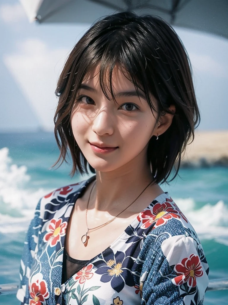 1 girl, Japan person, photorealistic, beautiful and detailed face, viewer, simple background, solo, sea, aloha shirt, small breasts, aloha shirt. sunny, summer vacation, beach, (short hair, wet), smile, movie lighting, movie, Japan drama, (necklace), earrings