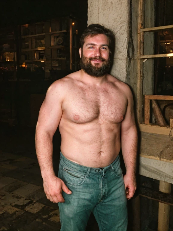 Man with beard and shirtless standing in a dark room, corpo robusto e atarracado, homem de 30 anos :: athletic, mid shot of a handsome guy, bearded and built, 32 anos, musculoso, 29 anos, corpos peludos, attractive musculoso man, strong masculine traits, 3 6 anos, peito nu e peludo