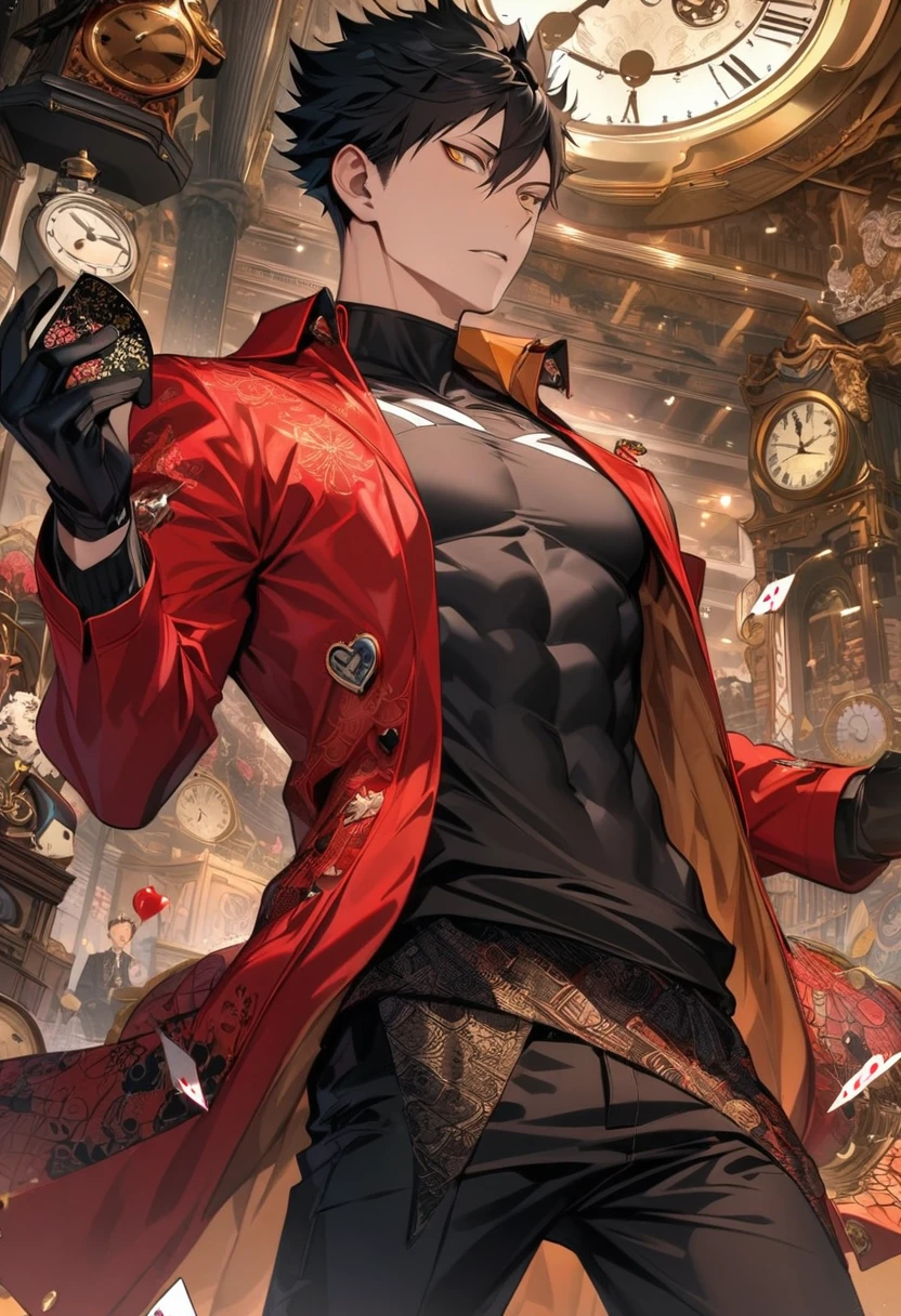 Ultra detailed, highres, absurdres, HDR, Vash Stampede, blond hair, blue eyes, amber round sunglasses, Trigun, clock, white gloves, bunny ears, in Wonderland, sexy man, solo, handsome, very detailed face and eyes, white long coat, tone chest, heart cards, black tight shirt with patterns, white pants,