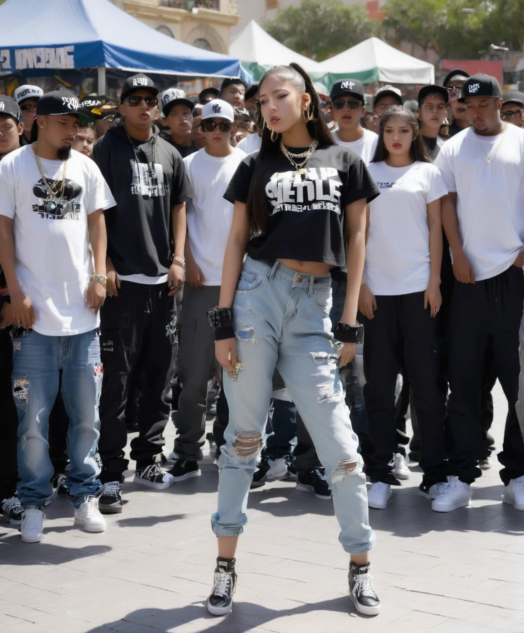 20 year old hip hop girl in a rap battle in a Mexican plaza