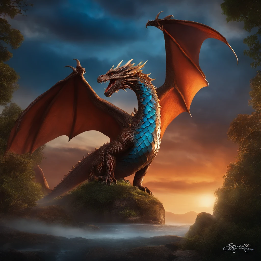 Detailed painting, by Taran Fiddler, dragons, feral, male trying to impress female, birds-of-paradise style courtship display, fanning out wings, chest puffed out, colorful, dazzling scales