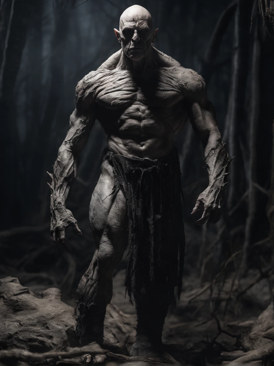 massive 8 feet tall muscled bald hairless mutated semi-orc-troglodyte like human with cracked desiccated skin he has a few large organic spike protrusions made of his desiccated skin on his arms and back, ready for battle to crush his prey, (masterpiece) ( 8K resolution) low light, monotone muted colors, wide angle lens perspective distortion shallow depth of focus ultra high quality photography best quality, ultra photo realistic, ((shallow depth of field focus)) ultra high quality photography best quality, scary
