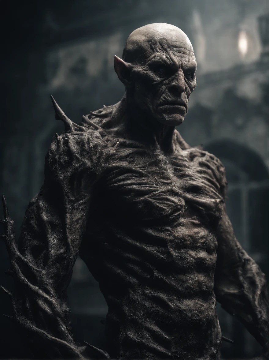 massive 8 feet tall muscled bald hairless mutated semi-orc-troglodyte like human with cracked desiccated skin he has a few large organic spike protrusions made of his desiccated skin on his arms and back, ready for battle to crush his prey, (masterpiece) ( 8K resolution) low light, monotone muted colors, wide angle lens perspective distortion shallow depth of focus ultra high quality photography best quality, ultra photo realistic, ((shallow depth of field focus)) ultra high quality photography best quality, scary
