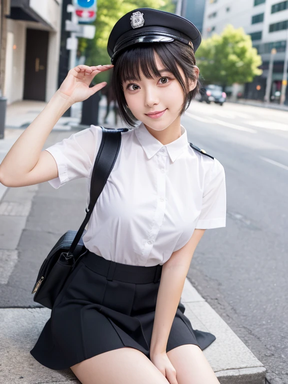 ((Whole body 1.4))((masterpiece)), ((best quality)), (ultra-detailed), ((kawaii)), cute, (lovely), realistic, real, full body, In town, daytime, a cute girl, 1girl, solo, beautiful black hair, beautiful black eyes, ((beautiful eyes)), short hair, ribon, smile,Cute Japanese policewoman、Ultra Mini Skirt、Bare legs,,Small breasts,Dynamic pose sitting