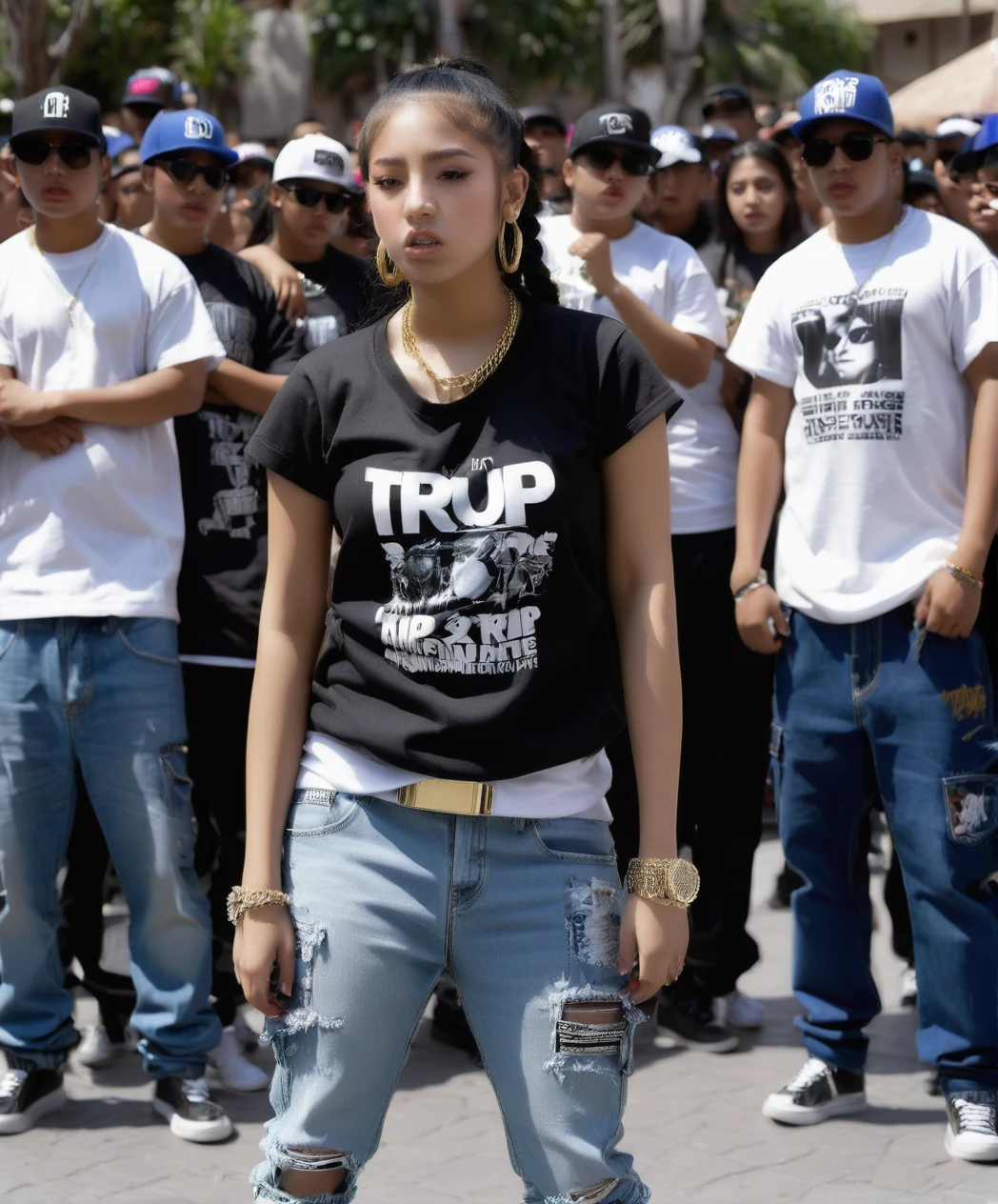 20 year old hip hop girl in a rap battle in a Mexican plaza