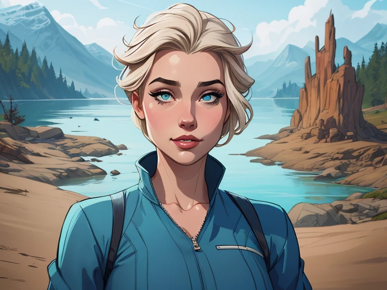 Personagem mulher estilo atompunk Fallout 4 Rainha Anna de Arendelle com marcas de guerras Imagem de desenho animado de uma mulher .Ilustra??o estilo desenho animado, estilo de arte dos desenhos animados, estilo de arte dos desenhos animados, digital illustration style, estilo atompunk design de personagens altamente detalhado, arte digital detalhada coragem, Forest fan art, Design de personagens de retrato, beautiful digital illustration, retrato de alta qualidade, Arte em quadrinhos, mulher jovem cabelo com transas lindas . Queen Anna of ArendelleBeautiful lined eyes Medium large bust and wonderful sexy clothes. image expression of sexual desire from waist to head illustration Queen Anne of Arendelle atompunk style Fallout 4