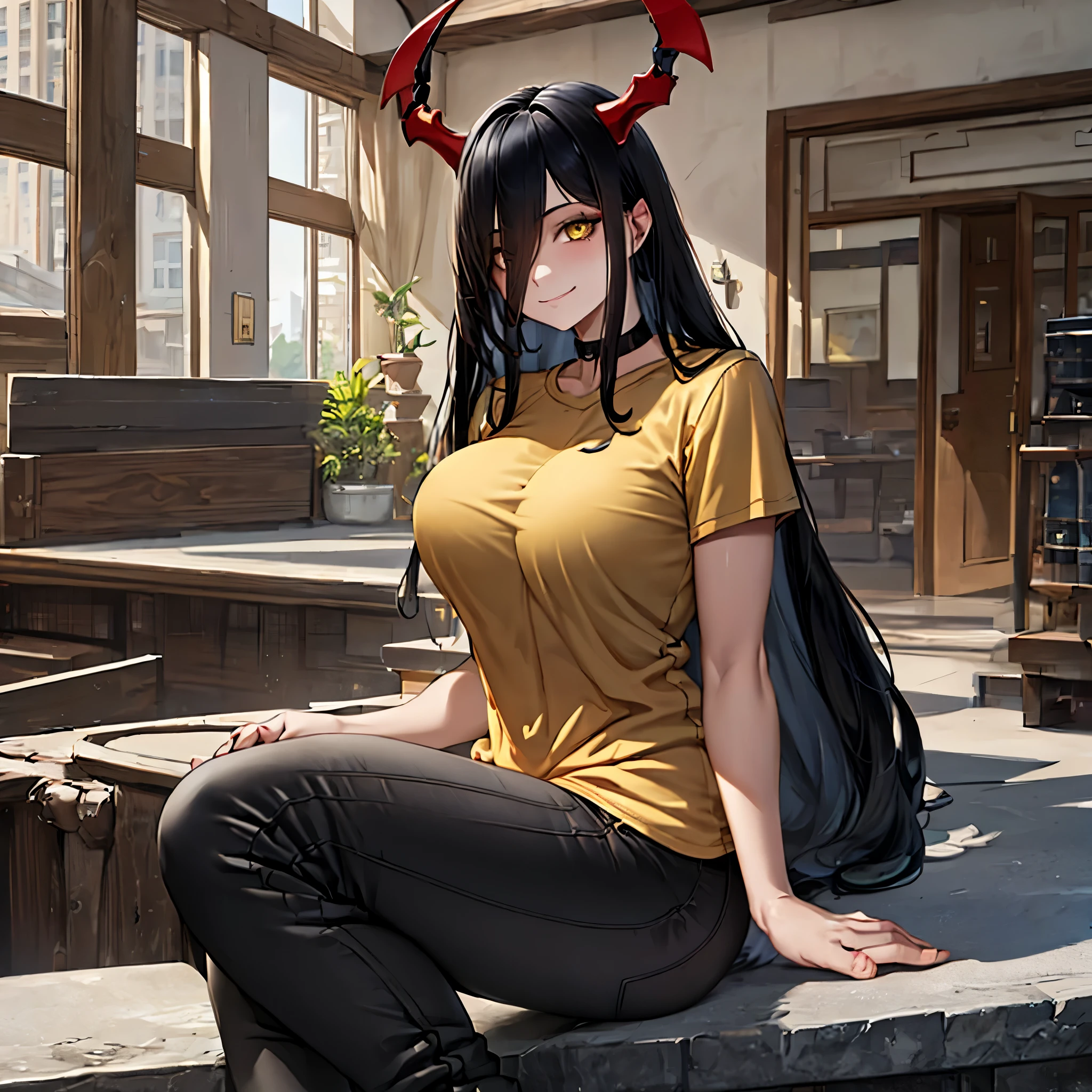 a woman wearing black madame pants, wearing a beige madame t-shirt, long black hair, yellow eyes, red horns, smiling, inside a large building, overlooking others, a large, well-detailed building,,HDR, masterpiece, well defined, ultra resolution, high quality, 8k HD. (just a woman, solo)
