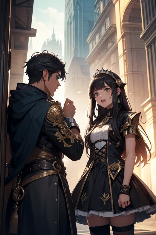 a man and a teenage girl are screaming at each other. they wear fantasy outfits.