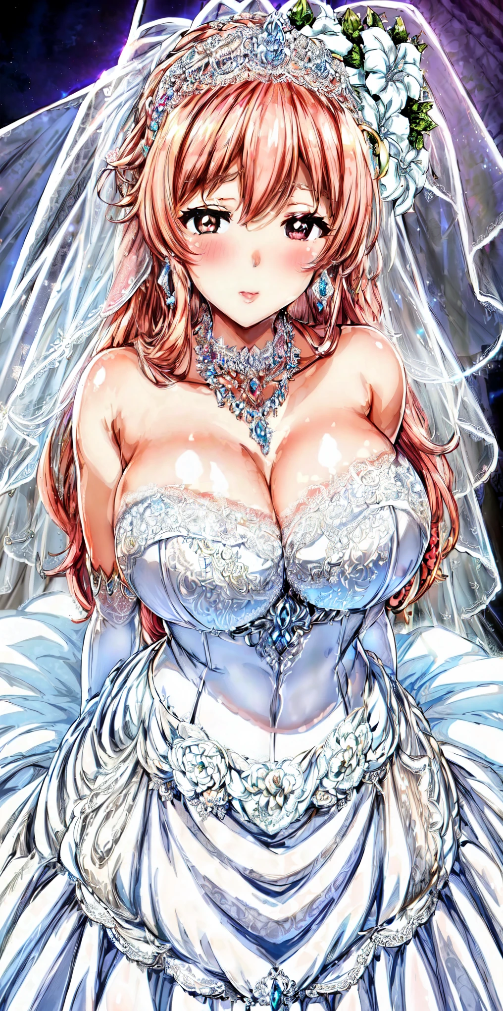 Close-up of beautiful bride wearing beautiful wedding dress,Gurwitz,(bridal veil:1.5),(Transparent short veil:1.5),Blushing face,Head flower,headgear,(tube top wedding dress:1.5),(Silk dress:1.2),(Strapless wedding dress:1.5),pure white dress,necklace,earrings,(large breasts:1.3),Deep V peach heart collar wedding dress,Bangs,lipstick,(lace gloves:1.3),whole body照,High detail RAW color art,Long white dress,whole body,Place your hands behind your back,