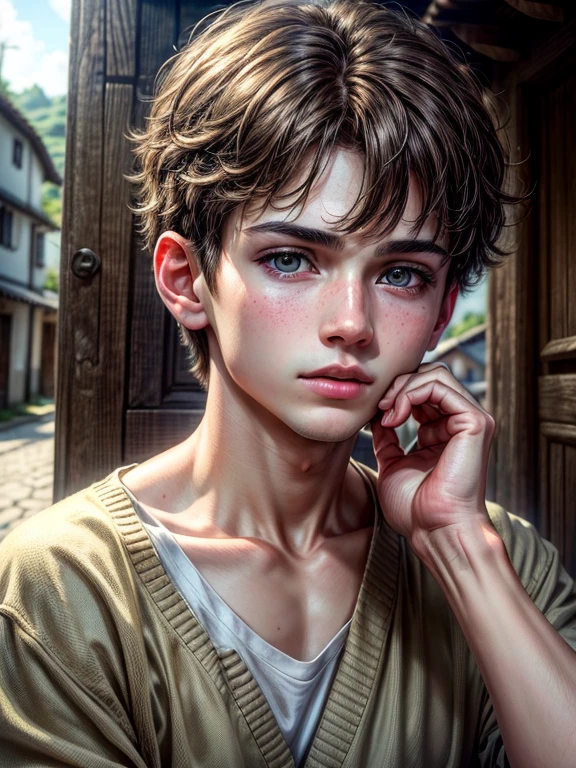 (best quality, highres, ultra-detailed), realistic boy portrait, detailed eyes, detailed lips, white skin, short brown hair, in a cozy village, looking at surrounding, wearing army shirt, his finger holding his neck, soft natural lighting, vivid colors surrounding him, delicate facial features, vibrant and inviting atmosphere.