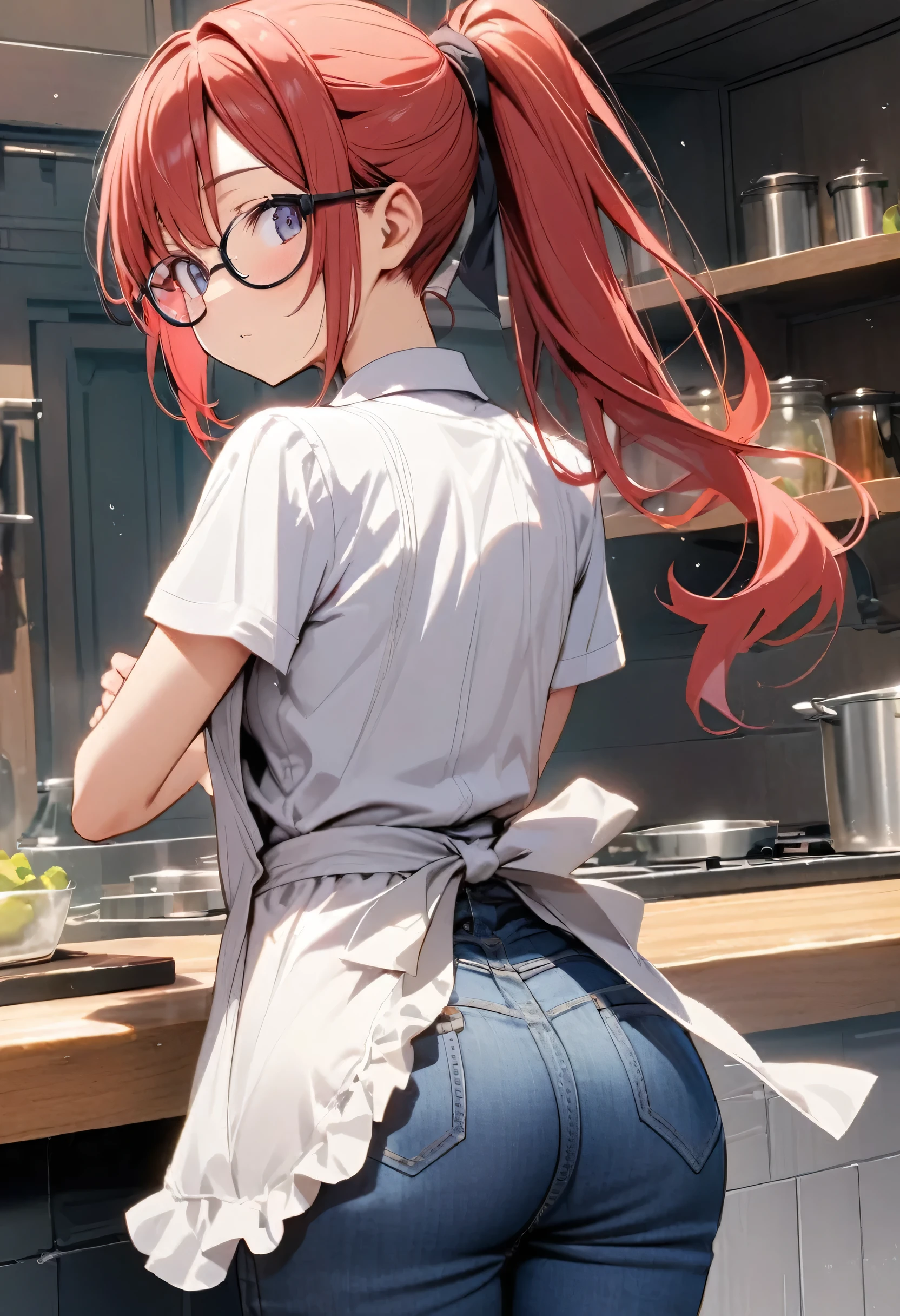 Red hair ponytail Glasses Shyness In jeans Apron appearance kitchen please Back view look back
